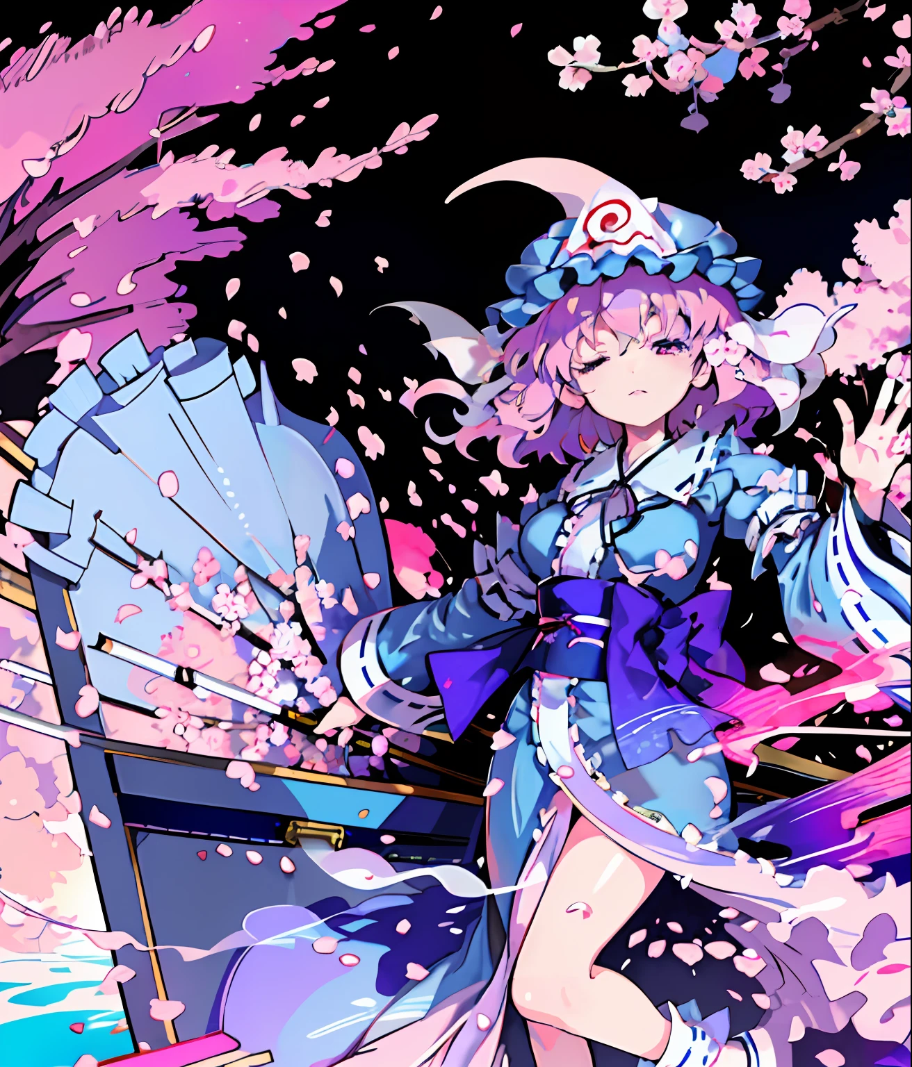 Illustration of Yuyuko Saigyouji in a coffin, masterpiece, fine detail, 4k, 8k, 12k, solo, one person, beautiful girl, white woman, Yuyuko Saigyouji, eyes closed, cherry blossom petals on the floor, purple cherry blossom