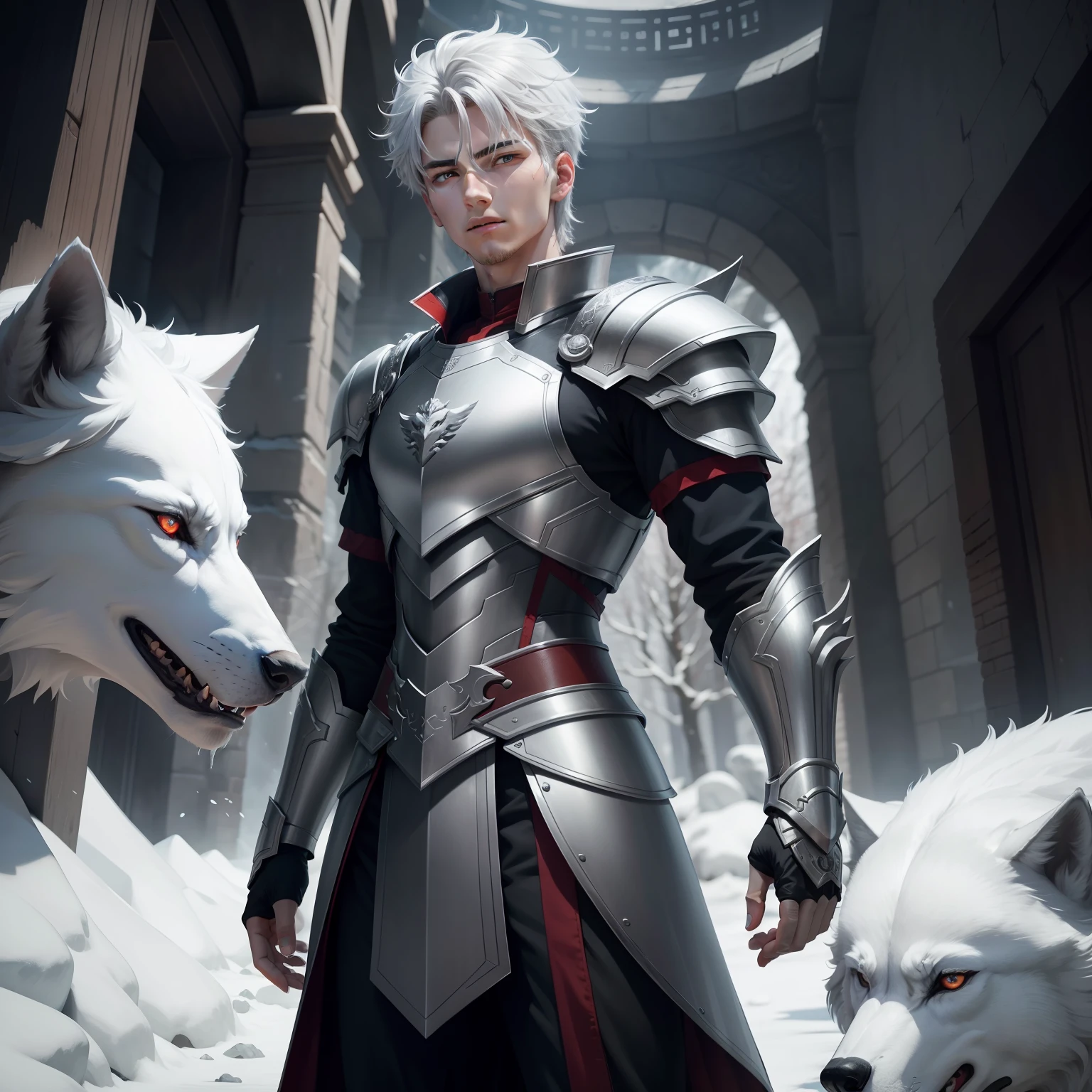 The animations are rich in detail,This is a high-quality 8K masterpiece。20-year-old male,Short gray and silver hair,Red eyes,Icy magic,Light armor,There are white wolves around