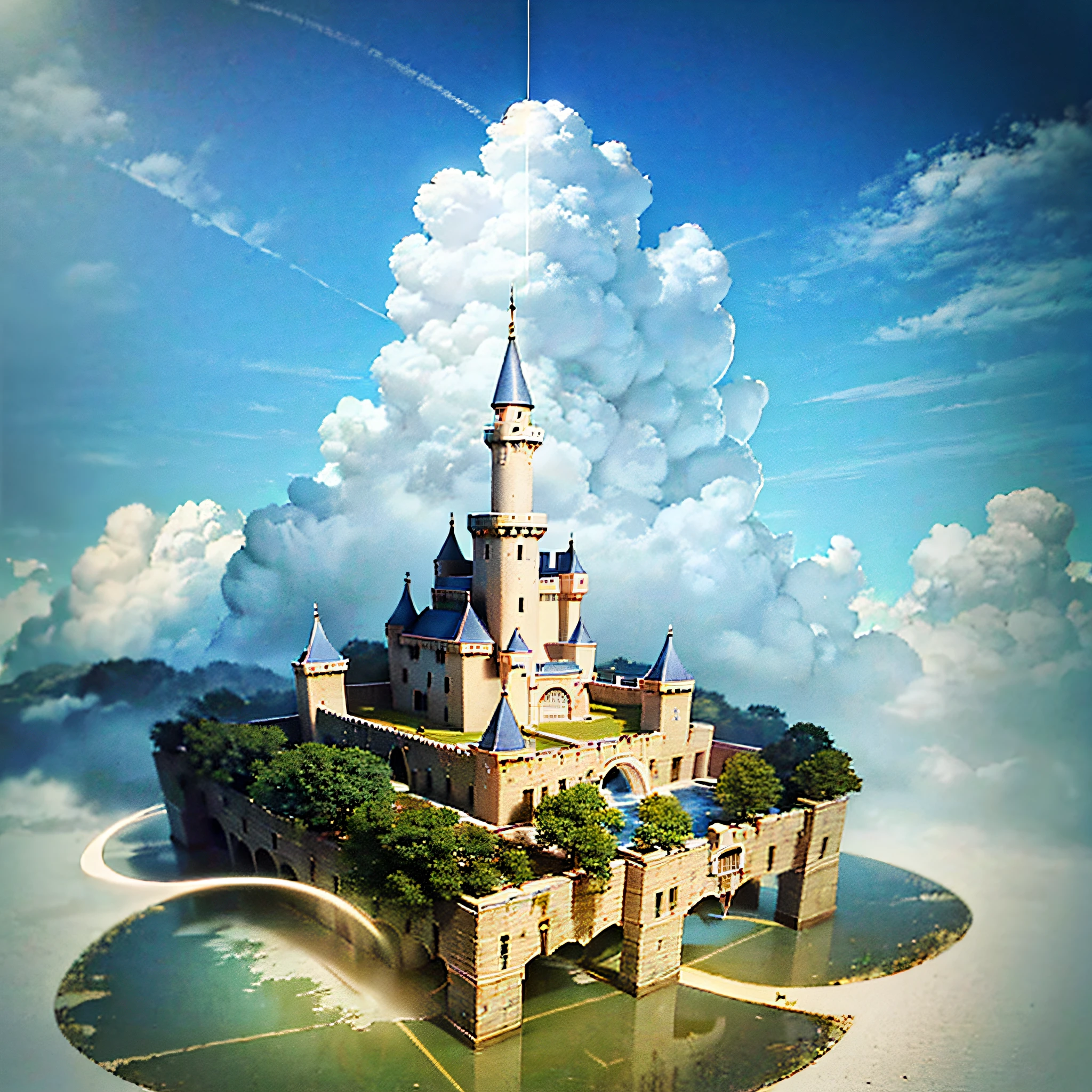 (an artist's design of a floating Castle on the floating the land and Forest and Fountain in the air, above the A few clouds and thunderstorms)1.4, bird's-eye view, scenery, no humans, a fantastic magical world, (Best quality), (masterpiece:1.3), (photorealistic:1.36), (realistic), ultra-detailed,, detail background,