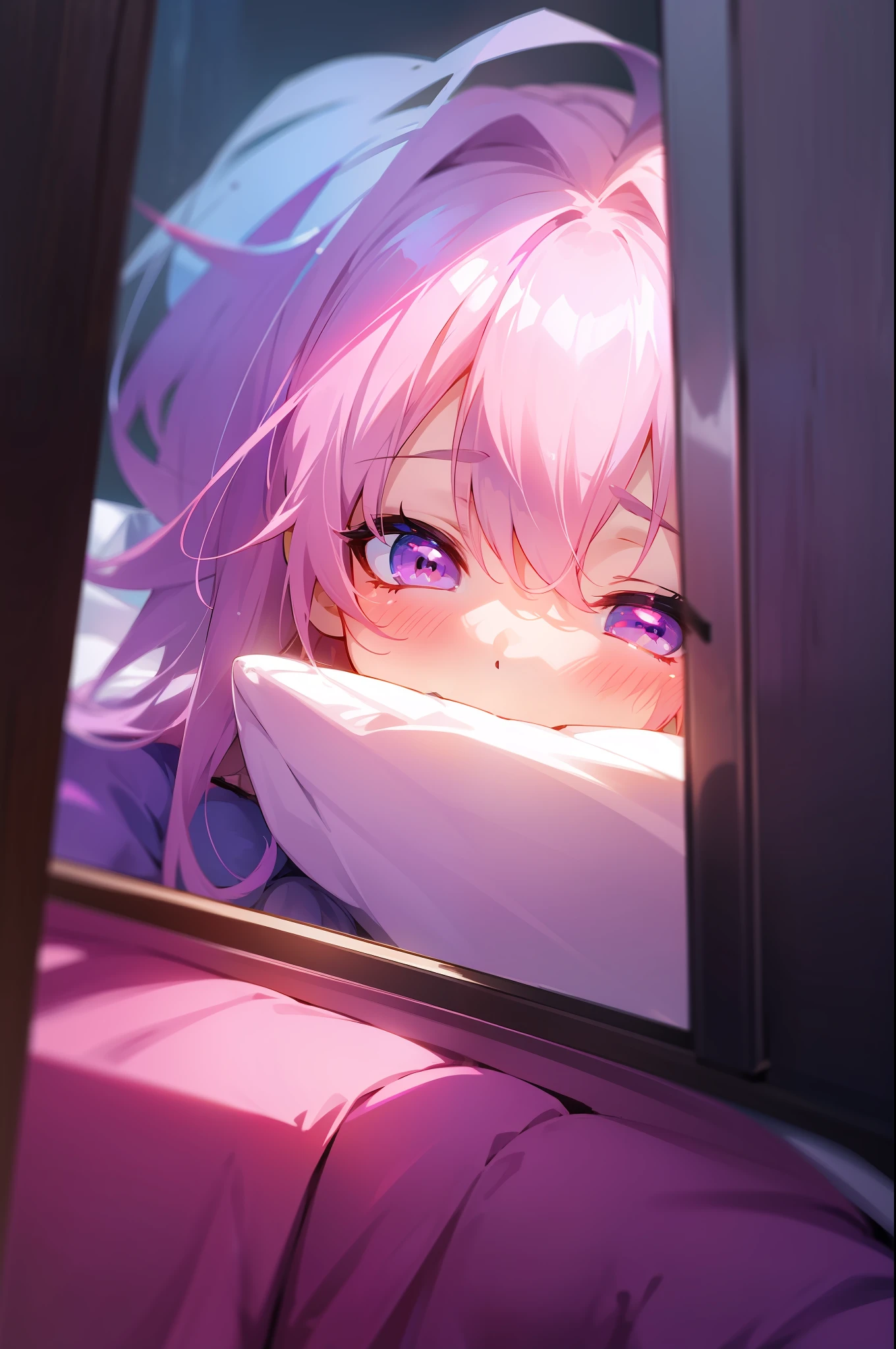2 girls, single frame, chibi, kissing, cute, pink and purple, shy, stockigns, shy, bedroom, night time, perfect atmosphere high resolution, 8k, high quality, particles, sexy