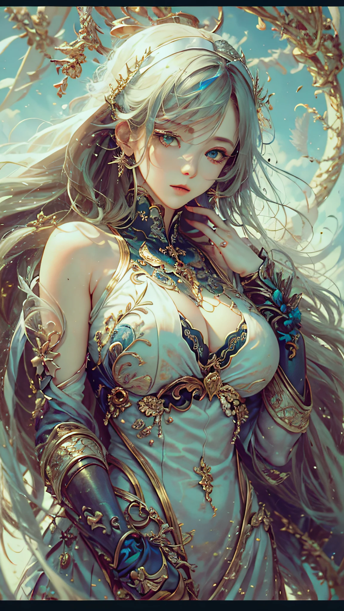 （best qualtiy）， （（tmasterpiece））， 1个Giant Breast Girl，（独奏），half-body portrait， Delicate face， looking at viewert， Firm eyes， exposed bare shoulders，Exquisitehands， Um ser celestial， light particules， The halo，the ocean， Full of energy， Colorful colors， （Bio-luminescence），（Detailed composition）， 电影灯光