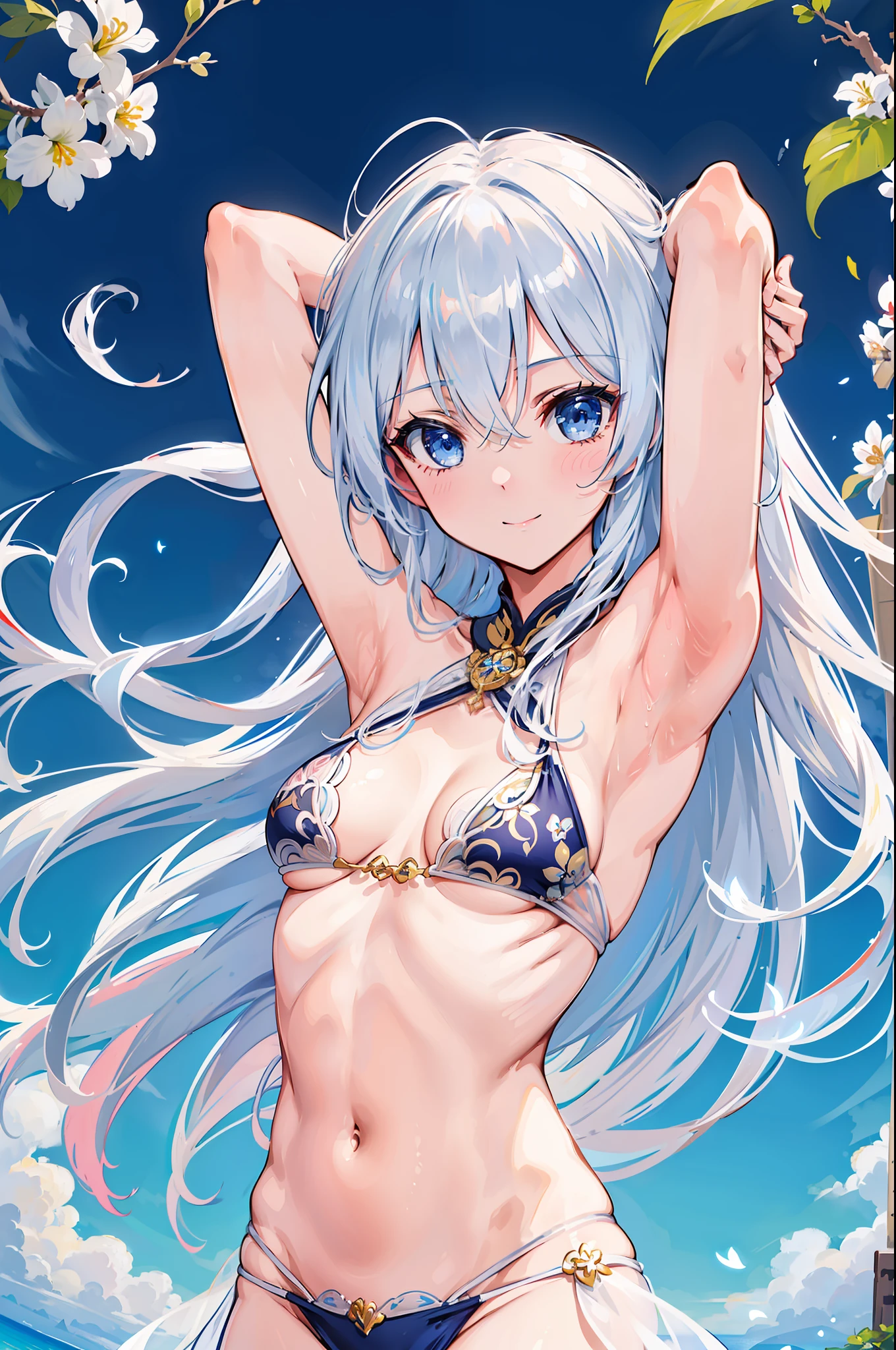 The upper part of the body, Beautiful detailed whole body, girl with, slender, full of shyness, (Charming smile), Very long hair, Wavy Hair, colourfull, florals, with floral pattern, silber hair, Hair that flutters in the wind, Delicate beautiful face, extra detailed face, beautiful detailed deep eyes, bare arm, (Show the armpits), ((arms in arms)), (((raise both arm))), (A sexy), Delicate hand, Medium_breasts, blue eyess, de pele branca, The bikini, ((See-through,)) transparent clothe, Exquisite cloth, the beach, very precise details