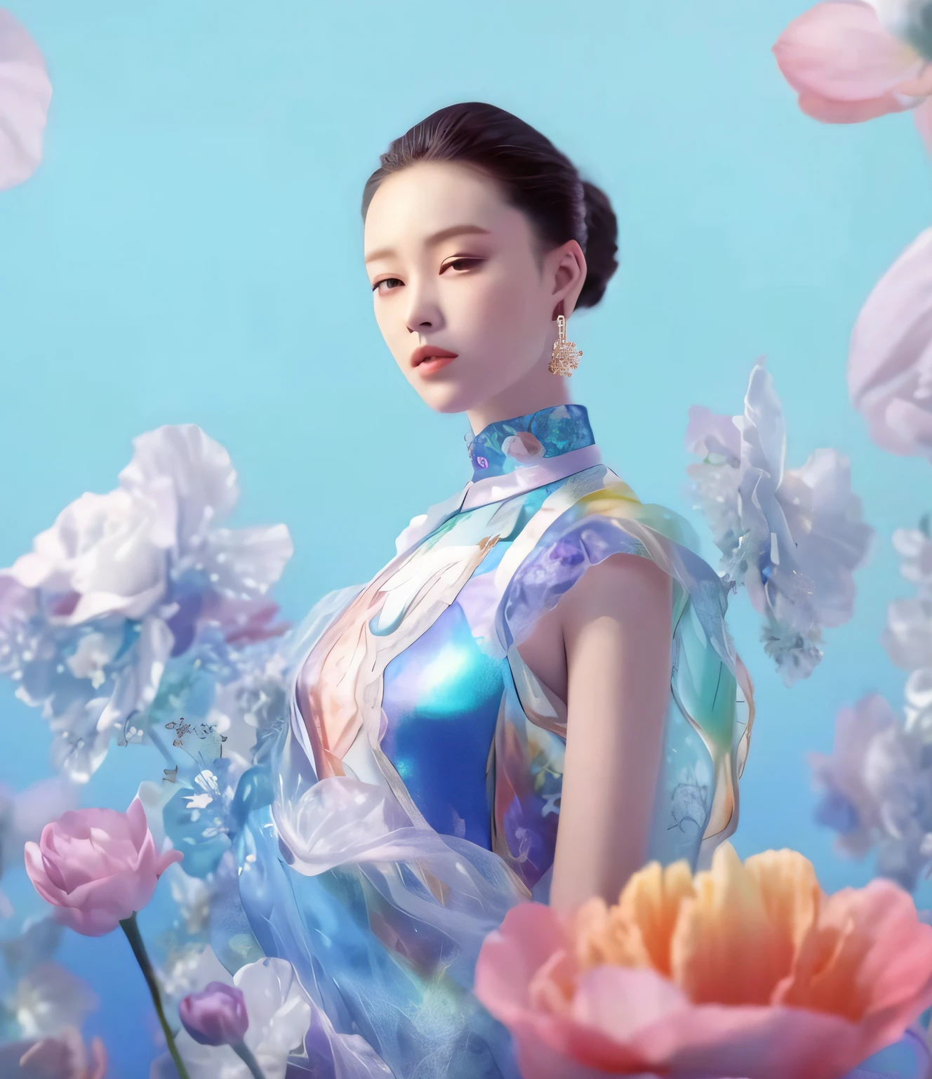 Close-up of a woman in a dress surrounded by flowers, inspired by Yanjun Cheng, yanjun cheng, Inspired by Gao Qipei, inspired by Gao Cen, Inspired by Gao Xiang, by Russell Dongjun Lu, Cheongsam, in a blue qipao, inspired by Russell Dongjun Lu, intricate silk clothing, wearing a blue qipao dress