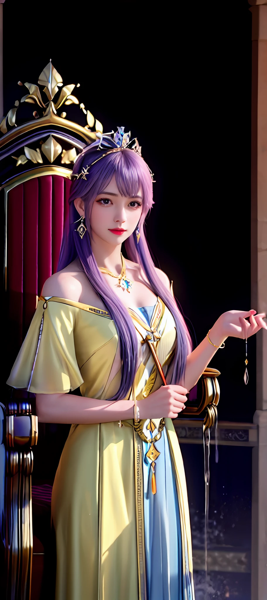 realisticity: 1.2), best quality, masterpiece, highres, super detail, ultra detail, cg, 1girl, queen, weapon, sword, long hair, dress, water, solo, jewelry, yellow dress, wearing a very beautiful crown, earrings, hair ornament, splashing, upper body super realistis, hair bun, blue and pink hair, majestic and beautiful royal throne backgraun super realistis and super detai, ultra detail, lighting,candid, Photograph, high resolution, 8k, 10k, Bokeh,