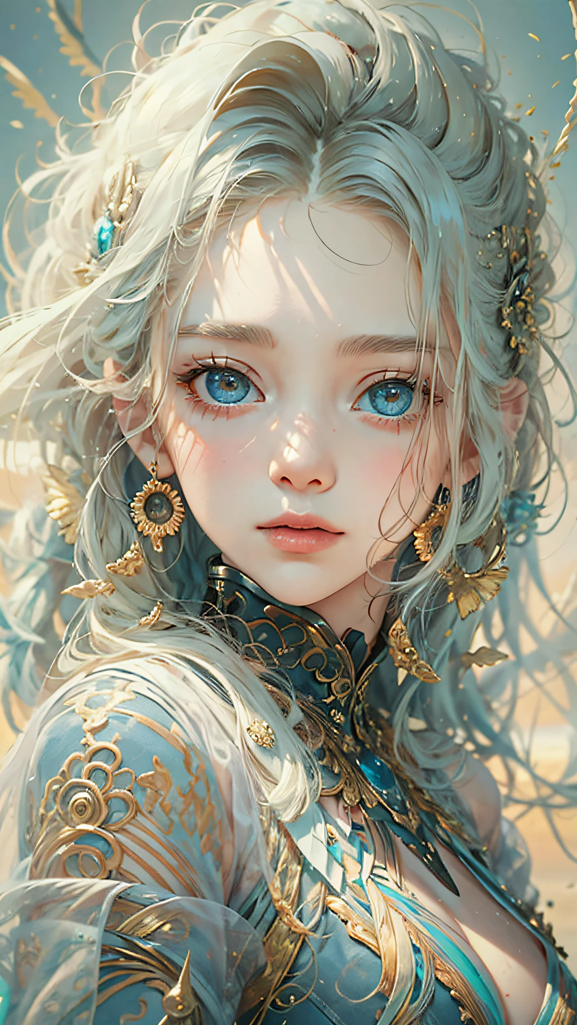 (best qualtiy), ((tmasterpiece)), 1个Giant Breast Girl,(独奏),half-body portrait, Delicate face, looking at viewert, Firm eyes, exposed bare shoulders,Exquisitehands, Um ser celestial, light particules, The halo,the ocean, Full of energy, Colorful colors, (Bio-luminescence),(Detailed composition), 电影灯光