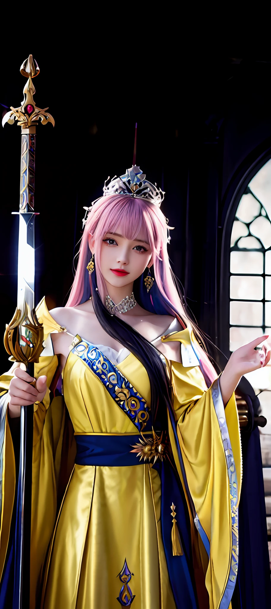 realisticity: 1.2), best quality, masterpiece, highres, super detail, ultra detail, cg, 1girl, queen, weapon, sword, long hair, dress, water, solo, jewelry, yellow dress, wearing a very beautiful crown, earrings, hair ornament, splashing, upper body super realistis, hair bun, blue and pink hair, majestic and beautiful royal throne backgraun super realistis and super detai, ultra detail, lighting,candid, Photograph, high resolution, 8k, 10k, Bokeh,