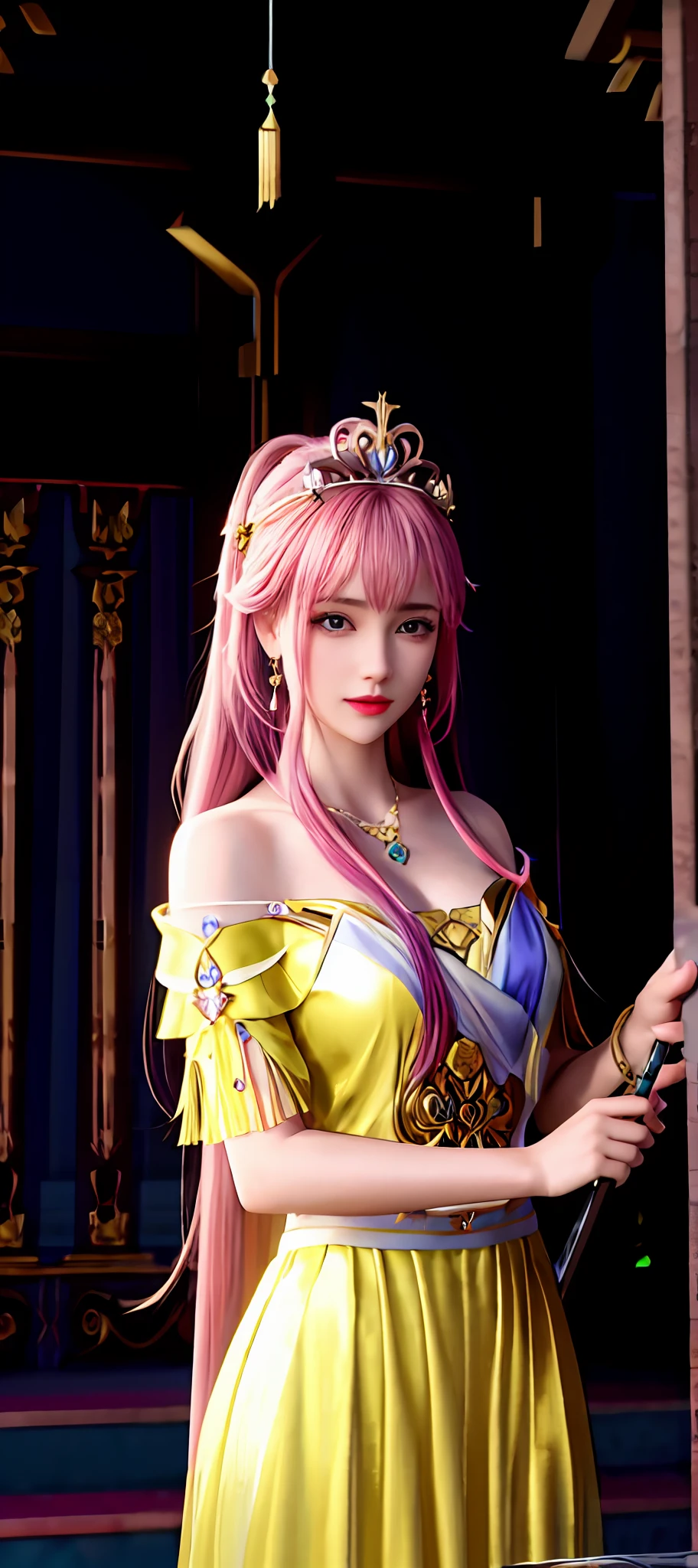 realisticity: 1.2), best quality, masterpiece, highres, super detail, ultra detail, cg, 1girl, queen, weapon, sword, long hair, dress, water, solo, jewelry, yellow dress, wearing a very beautiful crown, earrings, hair ornament, splashing, upper body super realistis, hair bun, blue and pink hair, majestic and beautiful royal throne backgraun super realistis and super detai, ultra detail, lighting,candid, Photograph, high resolution, 8k, 10k, Bokeh,