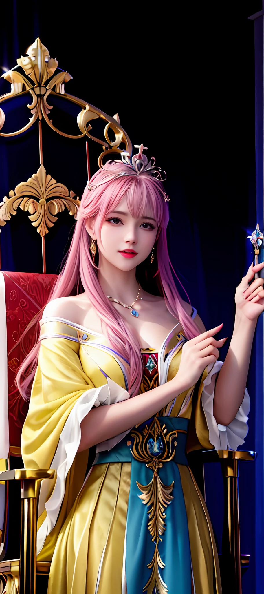 realisticity: 1.2), best quality, masterpiece, highres, super detail, ultra detail, cg, 1girl, queen, weapon, sword, long hair, dress, water, solo, jewelry, yellow dress, wearing a very beautiful crown, earrings, hair ornament, splashing, upper body super realistis, hair bun, blue and pink hair, majestic and beautiful royal throne backgraun super realistis and super detai, ultra detail, lighting,candid, Photograph, high resolution, 8k, 10k, Bokeh,
