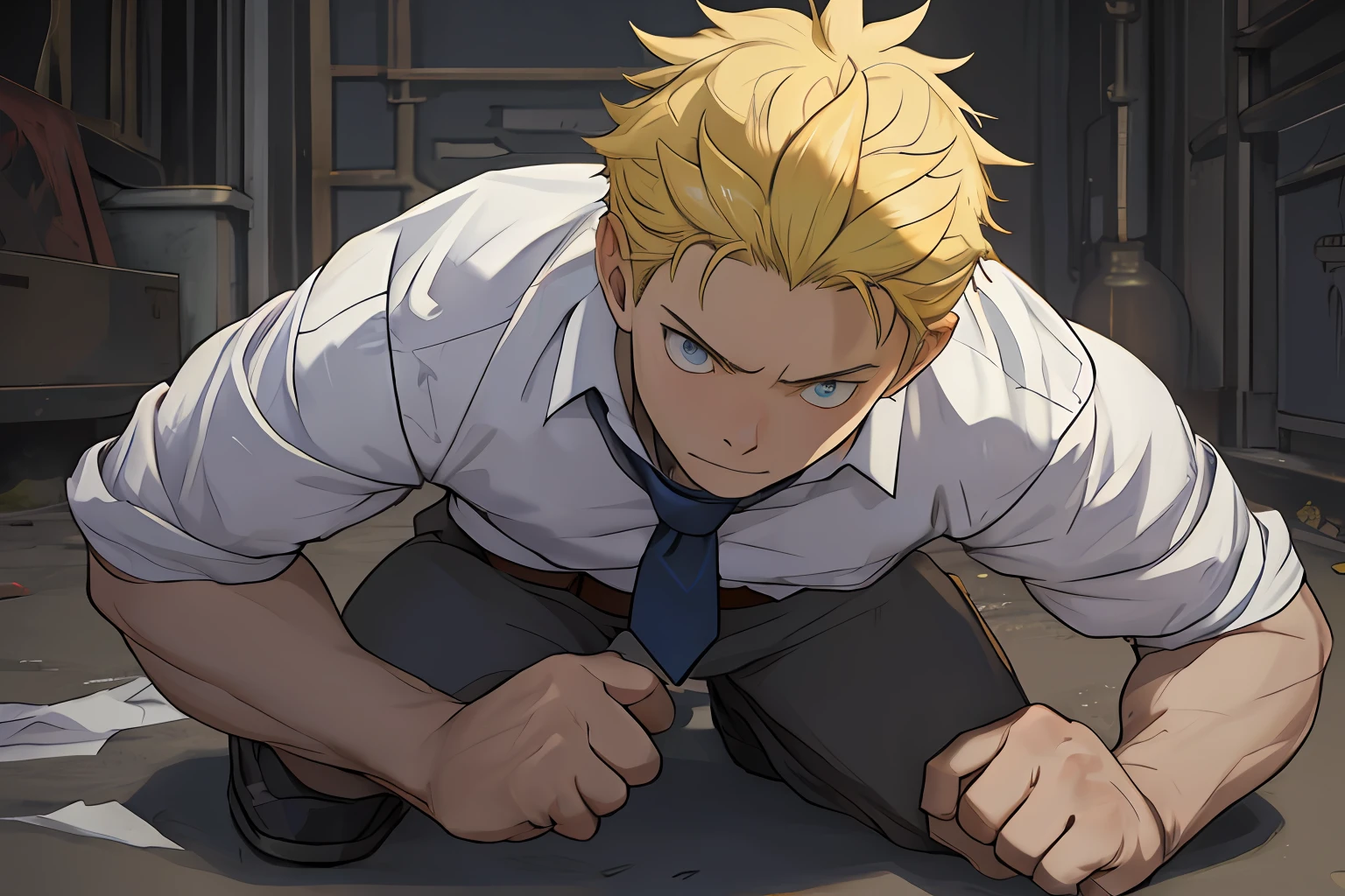 （1 Adult male），A high resolution， Sharp focus， Pixiv masterpiece， （（Complicated details））， highly  detailed， natsuki_subaru， 1 man，Defeat， crestfallen，full bodyesbian，kneels on the ground， （A gesture of pleading），blue color eyes（eyes glowing）， Short yellow hair，white  shirt，Wear a tie，Wear a belt，perspire，look from down