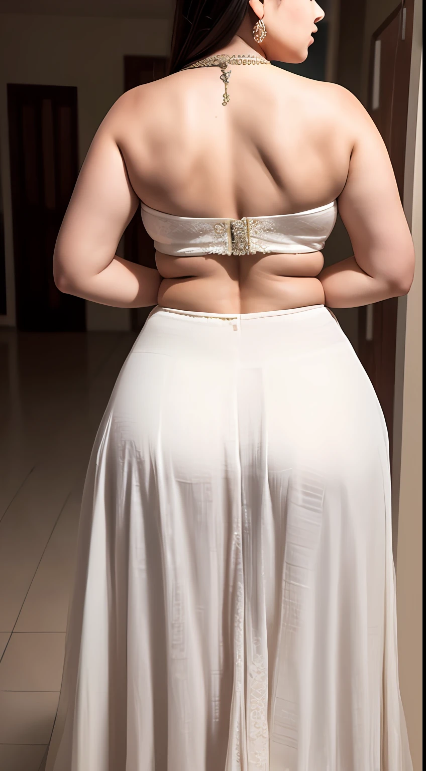 Chubby girl wearing Lehenga, view from back, back view, camera angle from back, soft body, white skin tone, medium shot, realistic, detailed, high resolution, big ass