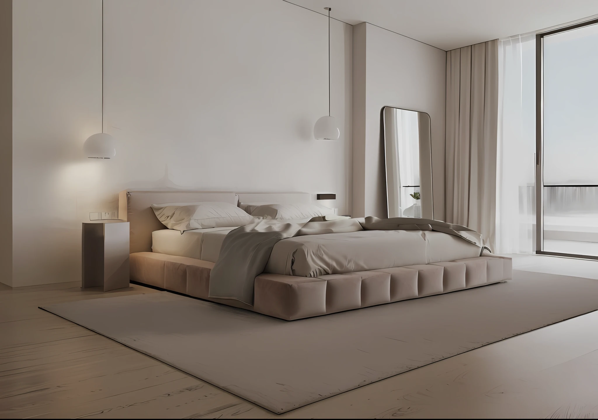 archminimalist, RAW photo, 8k, masterpiece, (very realistic:1.2), high quality, film grain, Fujifilm XT3, interior, indoors, bedroom in the apartment, minimalism bedroom, mirror, glass, velvet bed, bright tone flooring, (white tone), soft foggy outdoor, cityscape view, (minimalist style:1.5)