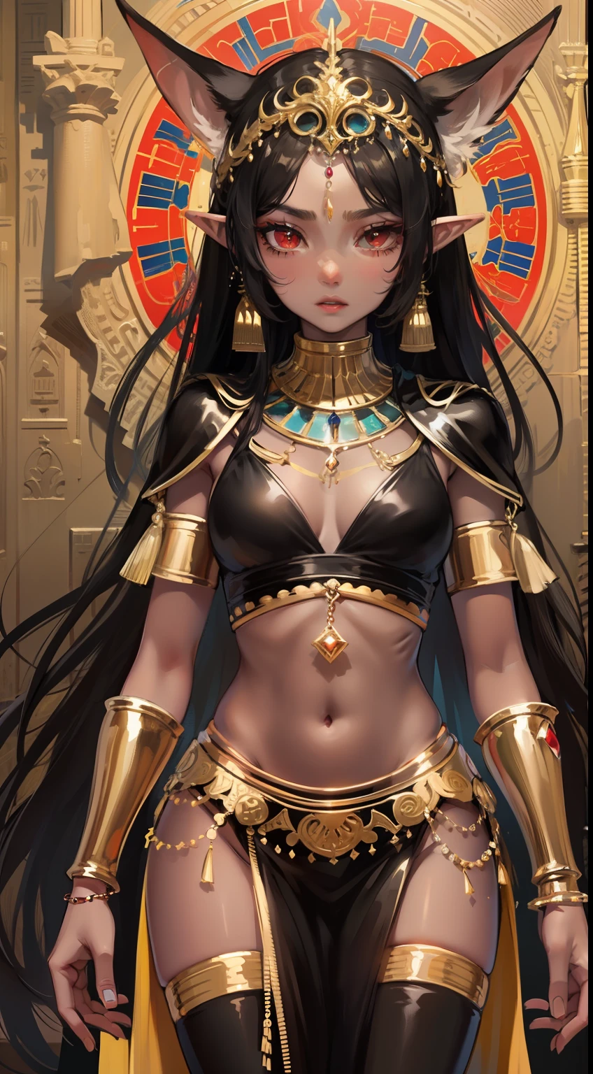 Young black girl, black skin, Long black hair, elf ears, red-eyes, Egyptian Princess, golden jewelery, anger, Masterpiece, hiquality
