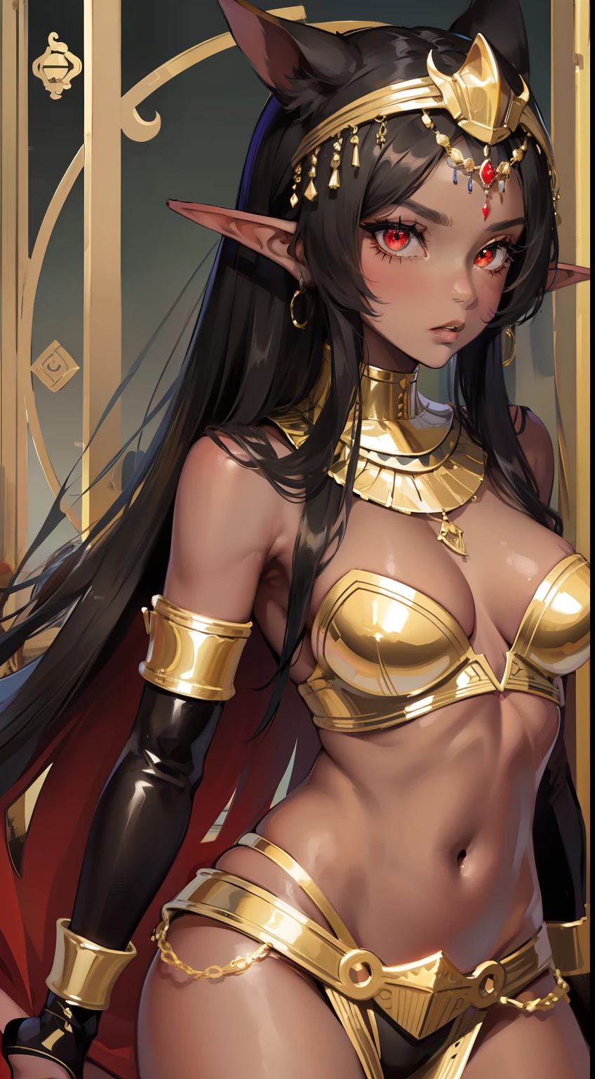 Young black girl, black skin, Long black hair, elf ears, red-eyes, Egyptian Princess, golden jewelery, anger, Masterpiece, hiquality