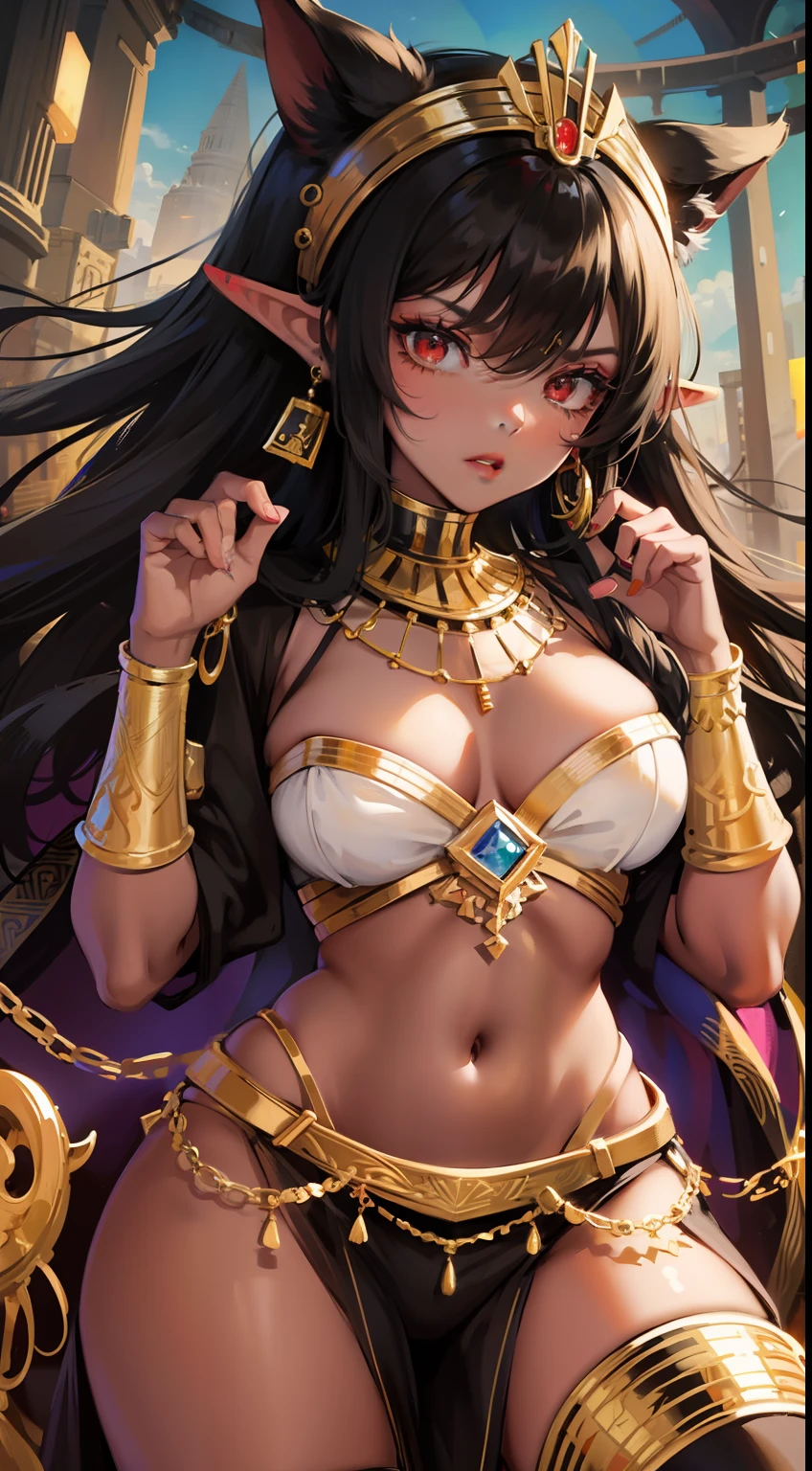 Young black girl, black skin, Long black hair, elf ears, red-eyes, Egyptian Princess, golden jewelery, anger, Masterpiece, hiquality