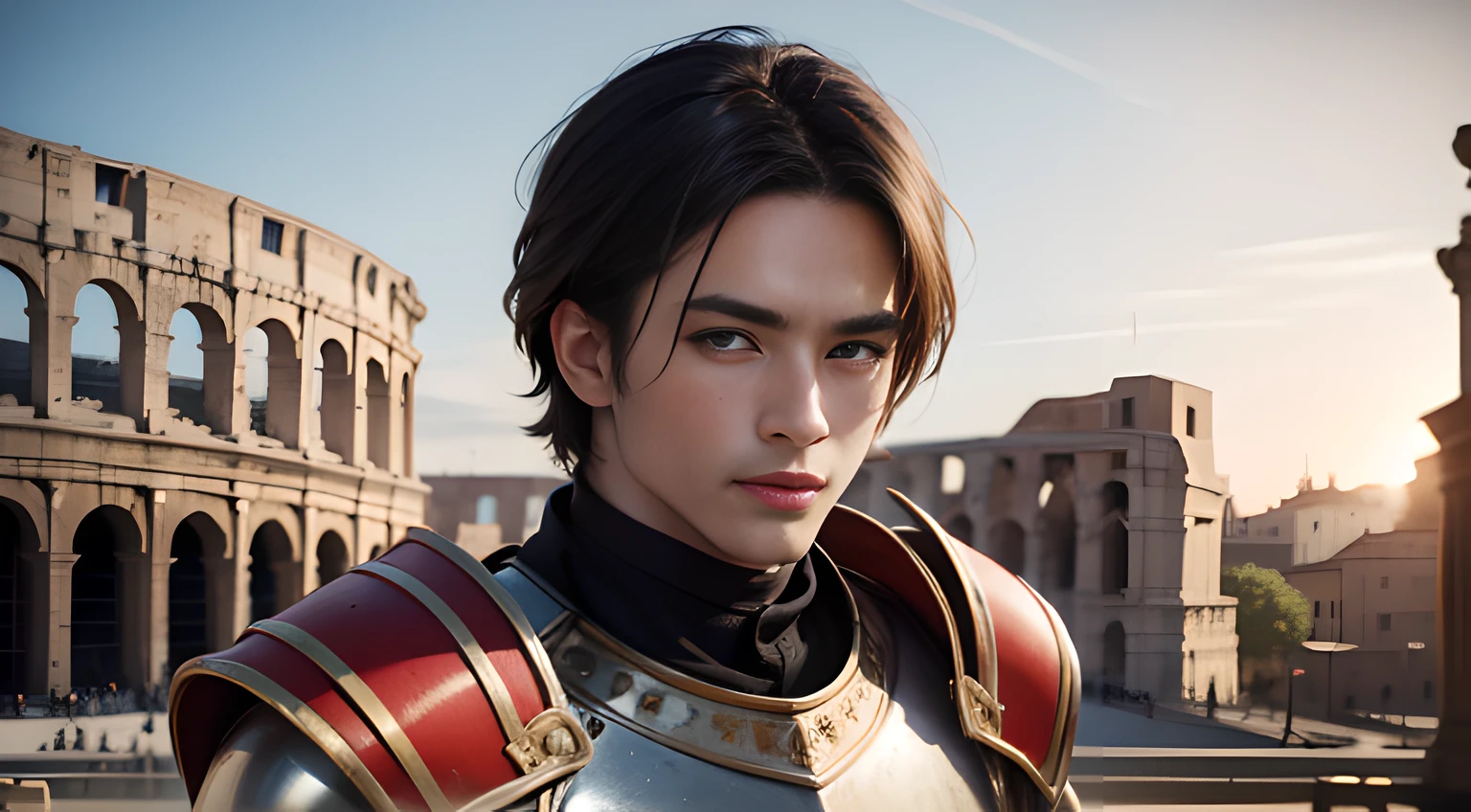 ((Men only)), (head shot), (Tanned handsome muscular male gladiator in his 20s), Warrior tied up with chiseled physique, Dressed in formidable red armor, Exude strength and determination in every stance, (Ancient Roman Colosseum in the background), (William Fanklyn-Miller), Mischievous smile, (detaile: 1 in 1), Natural muscles, HIG quality, beautidful eyes, (Detailed face and eyes), (Face、: 1 / 2), Noise, Real Photographics、... ...............................................................................................................PSD, Sharp Focus, High resolution 8K, realisitic & Professional Photography, 8K UHD, Soft lighting, High quality, Film grain, FujifilmXT3