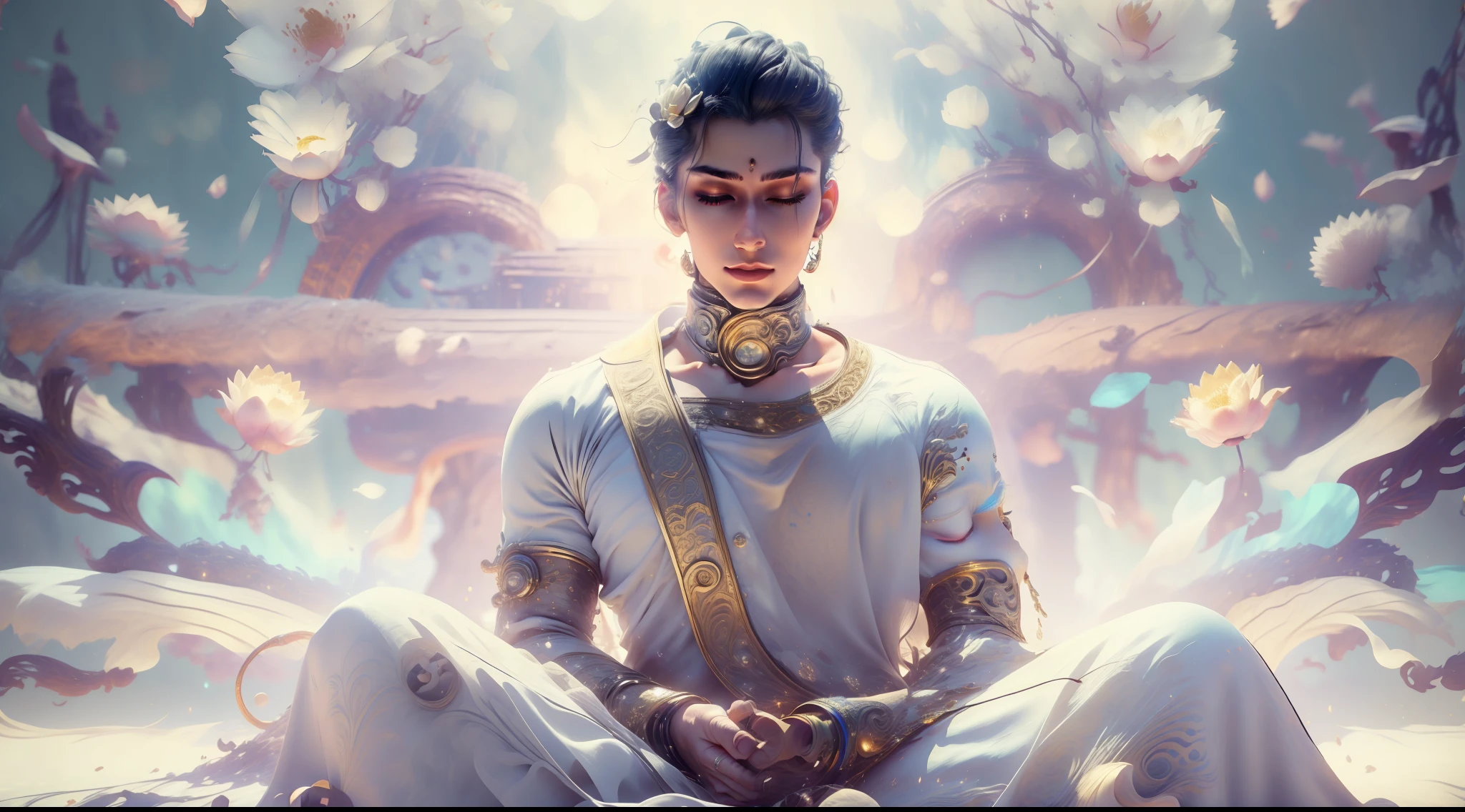 Handsome guy in a white shirt，Sit and meditate in a lotus pose，Look at the audience with your eyes closed，raised head，Floating on the ground，cheerfulness，A slight smil，realisticlying，Bokeh，light particules，very highly detailed background，detailed face with，Detailed and complex busy background，Untidy，opulent，milkyW，Highly detailed hands，Realistic details of skin，Visible Pore，tack sharp focus，volume fog，8K  UHD，digital SLR camera，high qulity，filmgrain，White skin of the，photo-realism，lomo graphy，Huge metropolis in a dystopia of the future , look from down