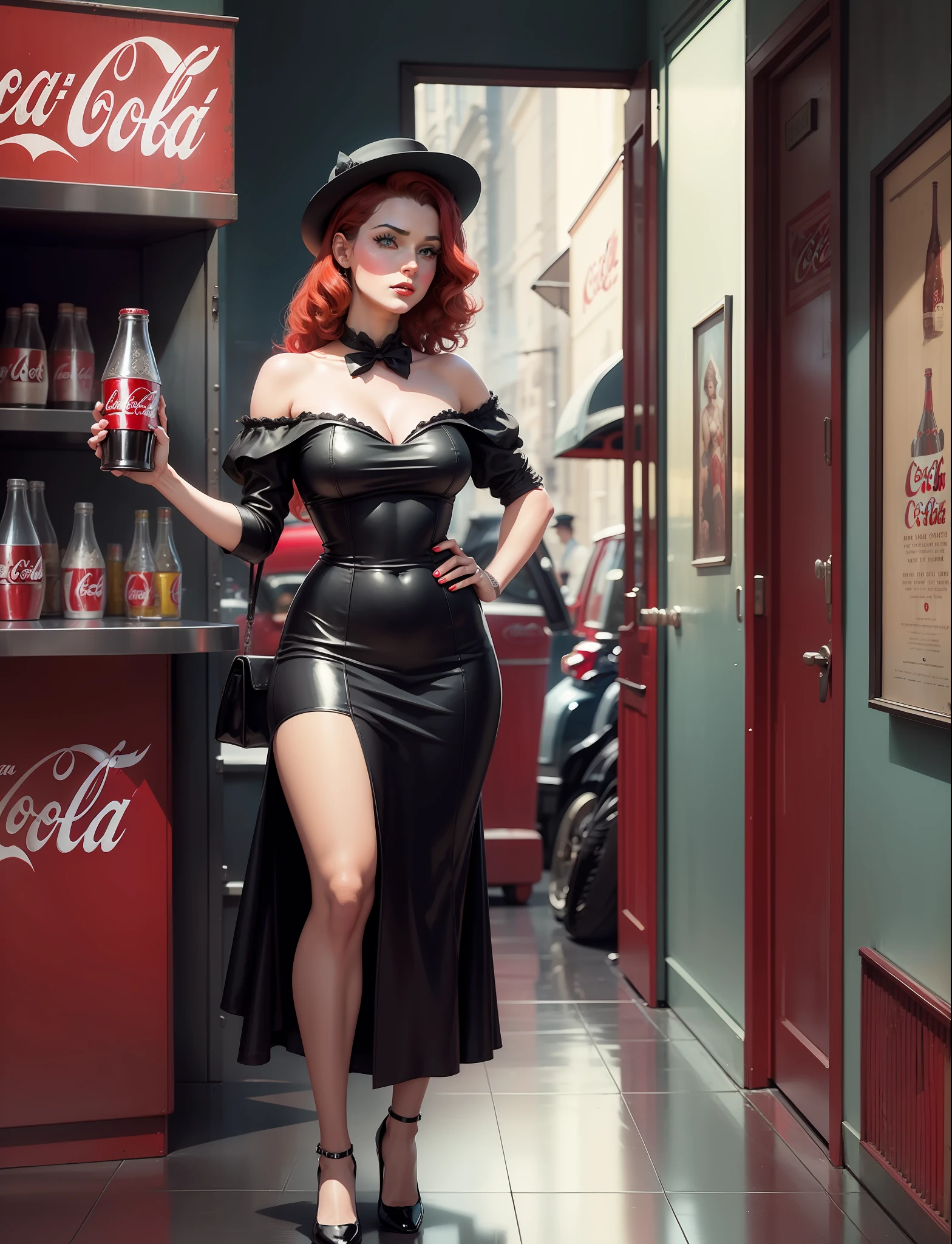 coca cola advert real magic as always five cents, inspired by Dorothy Coke, coka-cola advertisement, drinking a bottle of coca-cola, soda themed girl, inspired by Evaline Ness, retro poster, retro ad, film noir realistic, in style of digital illustration, promotional poster, inspired by Rolf Armstrong, in style of campbell addy, in style of digital art