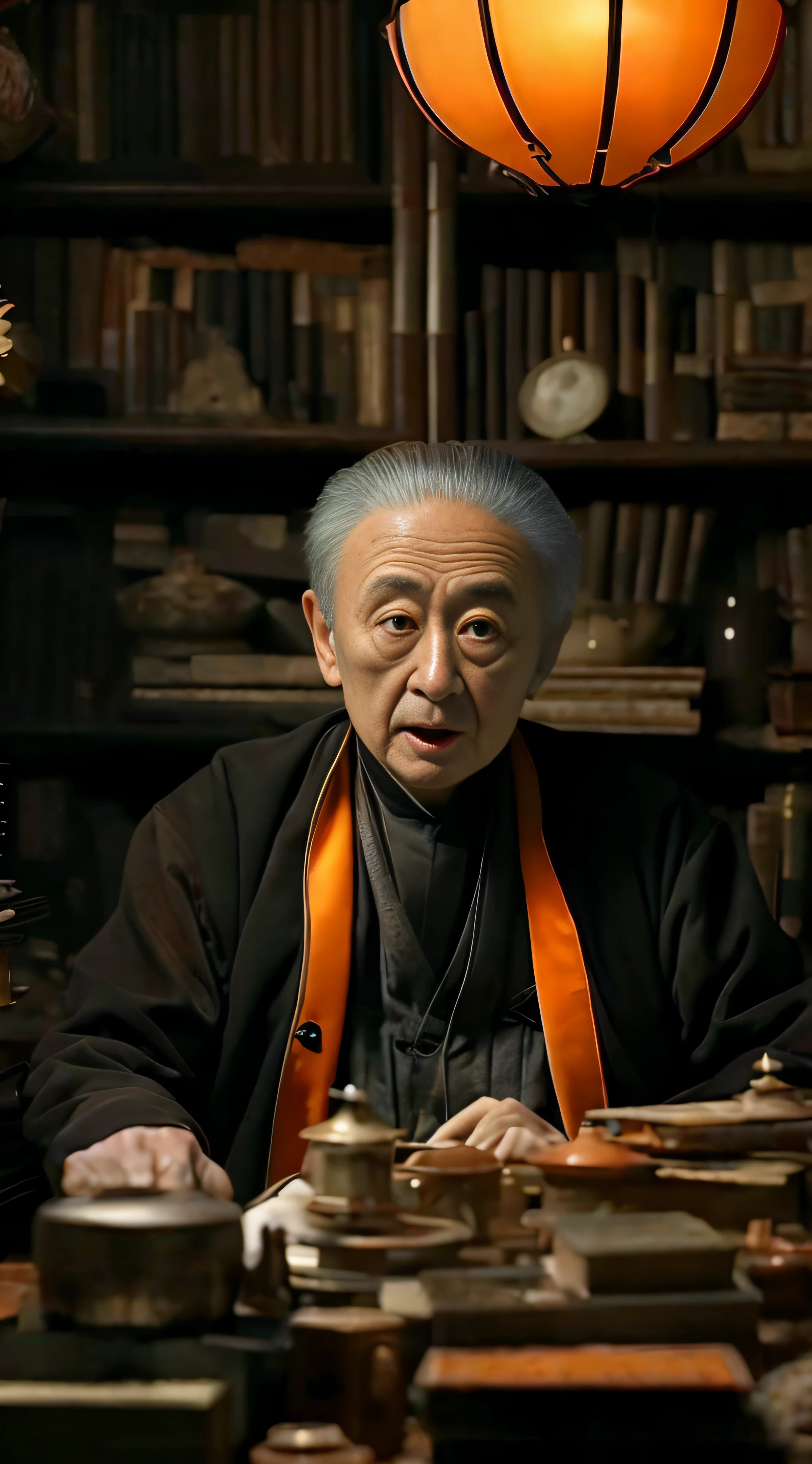 The Arafards sat at the table，There is a lamp overhead, amano yoshitaka, ryohji hase, Taoist, ishirō honda, tatsuyuki tanaka hd, masakazu katsura, yoshiyuki sadamoto, zhang daqian, Taoist master, inspired by Wu Daozi, Leiji Matsumoto