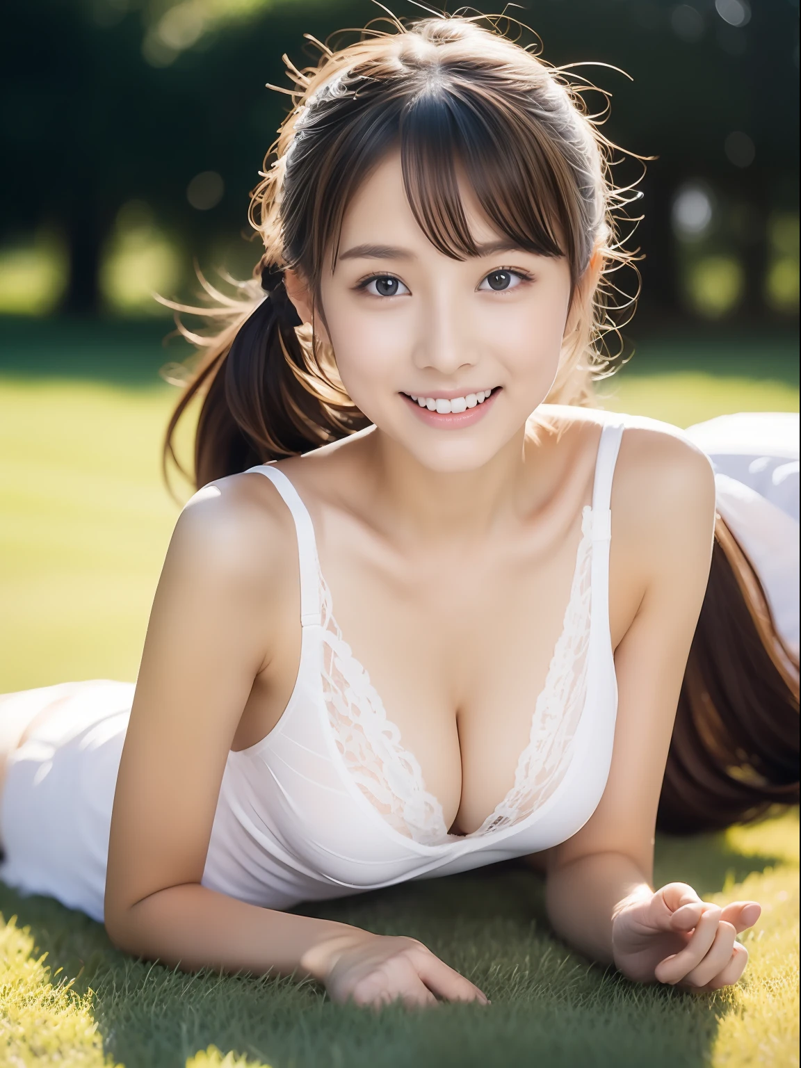 （1girll:1.0），(8K, Best quality, tmasterpiece),ultra - detailed, adolable, 独奏, cute Japan woman,brown  hair,By bangs, long whitr hair, pony tails,Beautiful and delicate eyes,Eyes speak， Moisturizes skin，Lace bra， lace panty，protrusions， dynamicposes，protrusions，Lying on his stomach，，profesional lighting，photon maping，Radio City，physically-based renderingt，cinmatic lighting，Athletics field,depth of fields,Clear focus,rays of sunshine,well-composed,(Bokeh:1.2) ，(full bodyesbian),(Keep your mouth shut),美丽细致的眼睛,lewd poses,a narrow waist,Brownish-yellow hair，messy  hair,Long hair flutters in the wind，