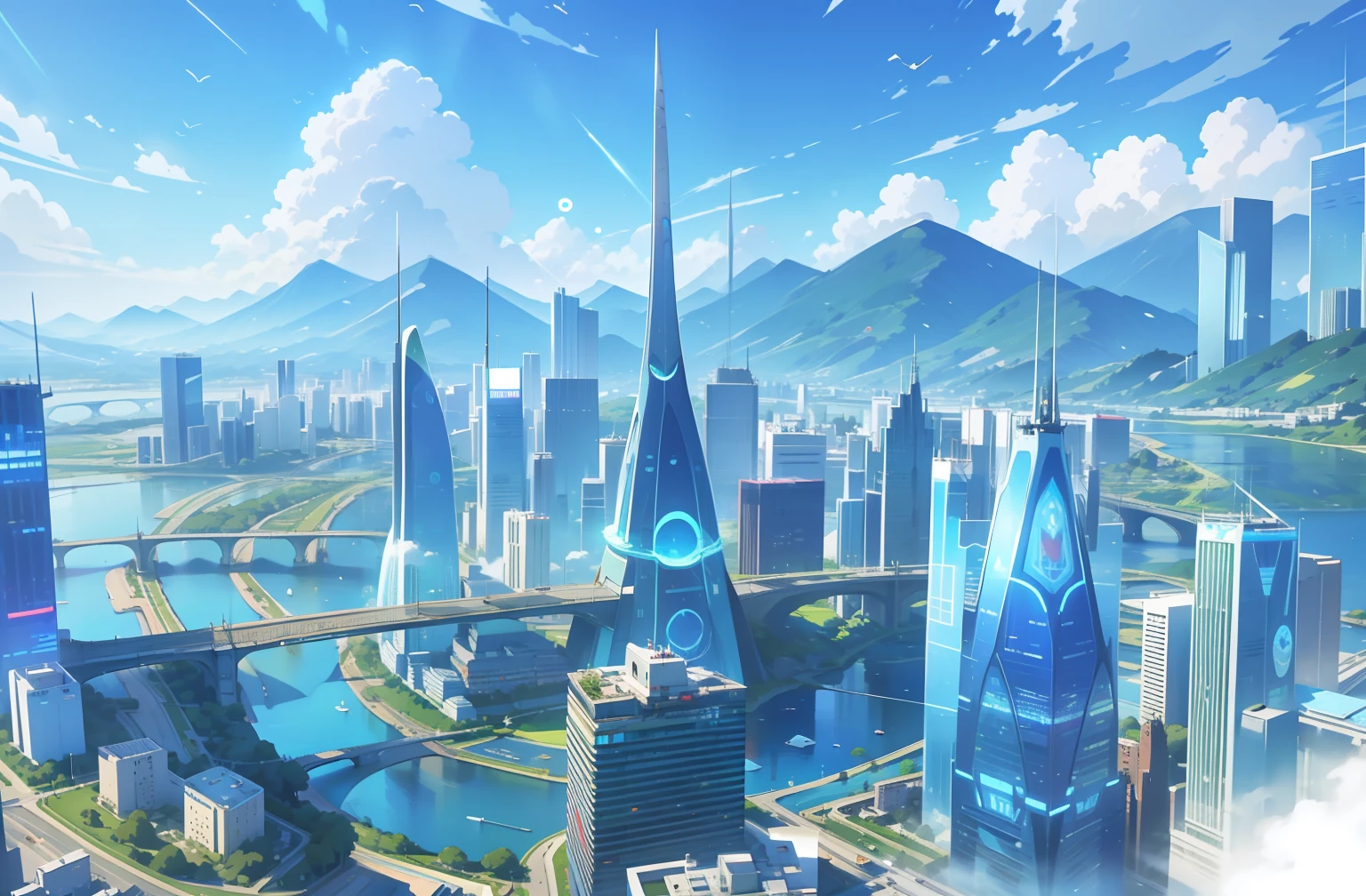 city shape circle with high tower in the middle, style of makoto shinkai, beautiful city of the future, blue sea and sky, city shape is circle with green enviroment surround it, make the river a bit far, make it green city, 5 district schools, make the city near mountain, take image from afar, no fog
