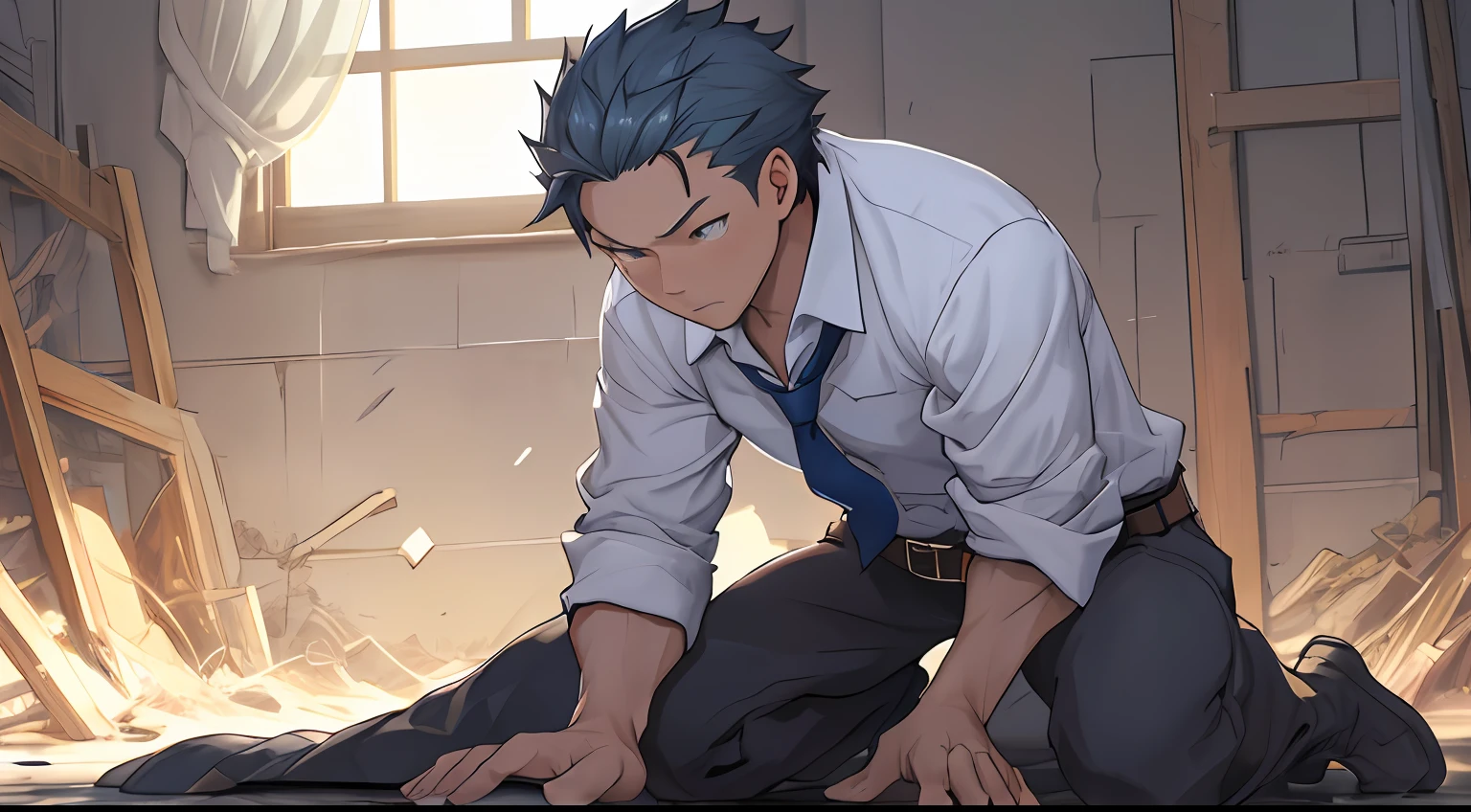 (1 Adult male),A high resolution, Sharp focus, Pixiv masterpiece, ((Complicated details)), highly detailed, natsuki_subaru, 1 man,Defeat, crestfallen,full bodyesbian,kneels on the ground, (A gesture of pleading),blue color eyes(eyes glowing), Short yellow hair,white shirt,Wear a tie,Wear a belt,perspire,look from down