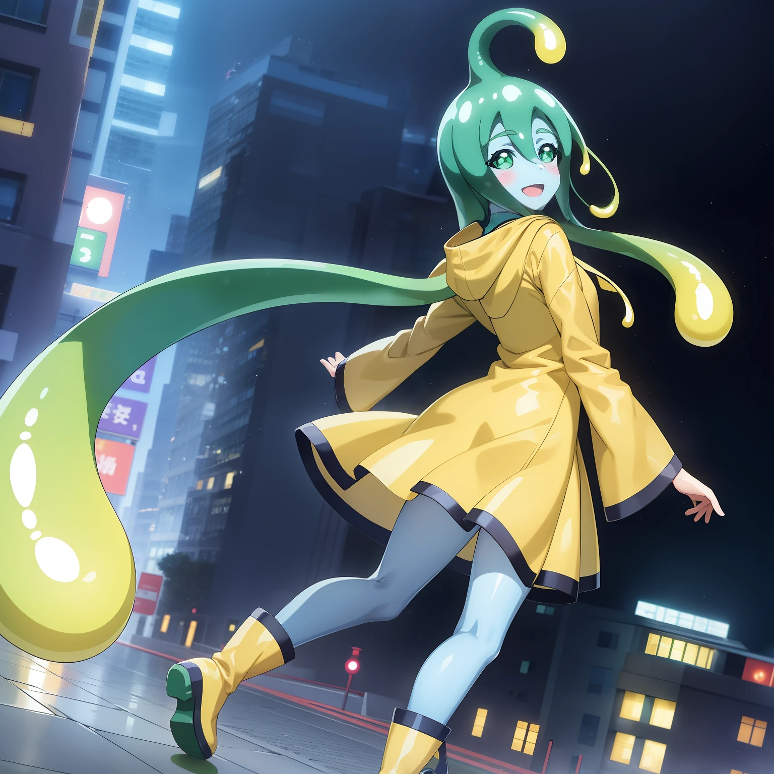 anime coloring,city,
raincoat, rubber boots, yellow raincoat, green eyes, solo, tentacle hair, slime girl, boots, monster girl, blue skin, green hair, yellow footwear, colored skin, open mouth, ahoge, long hair, full body, very long hair, blush, smile, looking back,from behind,