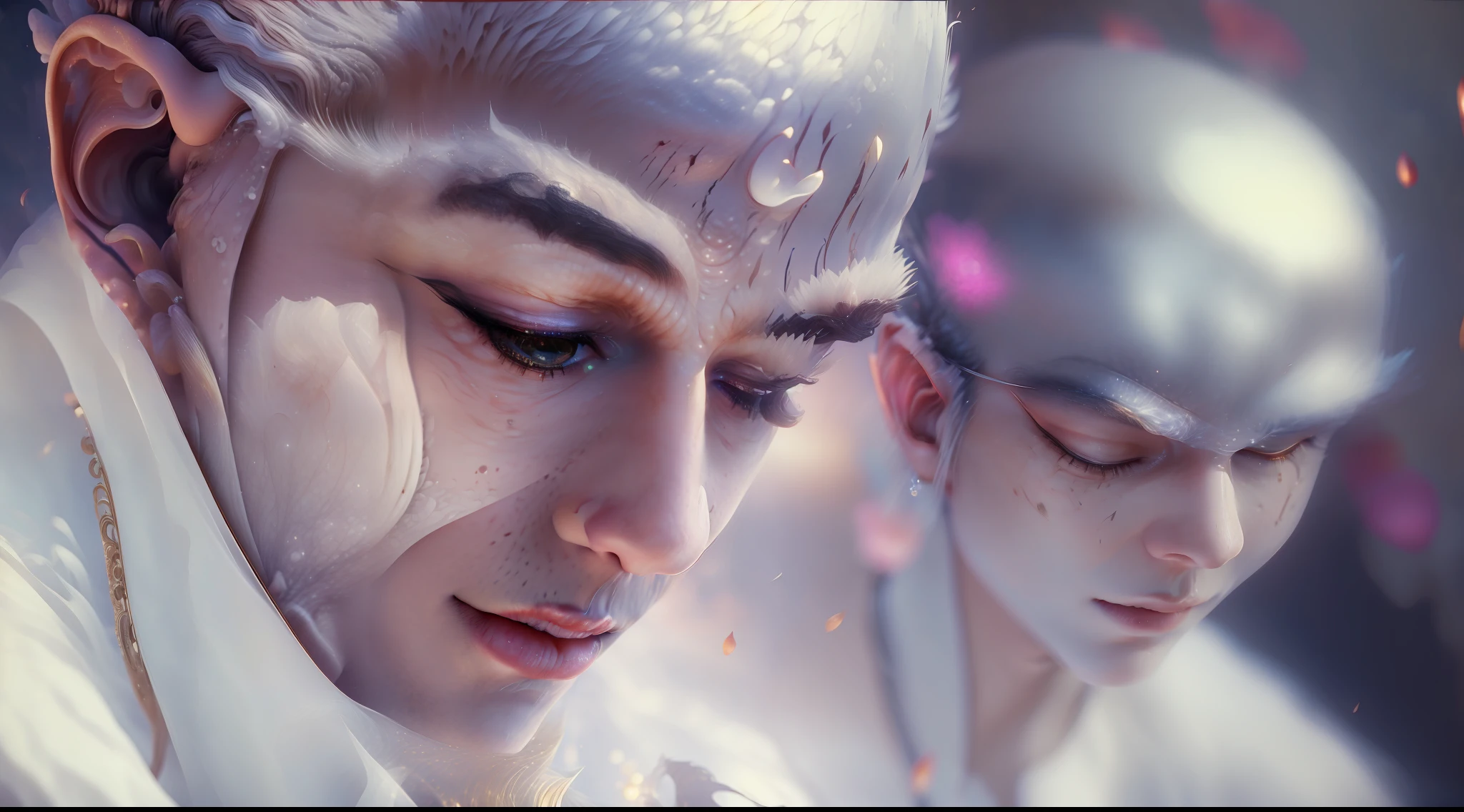 Handsome guy in a white shirt,Sit and meditate in a lotus pose,Look at the audience with your eyes closed,raised head,Floating on the ground,cheerfulness,A slight smil,realisticlying,Bokeh,light particules,very highly detailed background,detailed face with,Detailed and complex busy background,Untidy,opulent,milkyW,Highly detailed hands,Realistic details of skin,Visible Pore,tack sharp focus,volume fog,8K UHD,digital SLR camera,high qulity,filmgrain,White skin of the,photo-realism,lomo graphy,Huge metropolis in a dystopia of the future , look from down