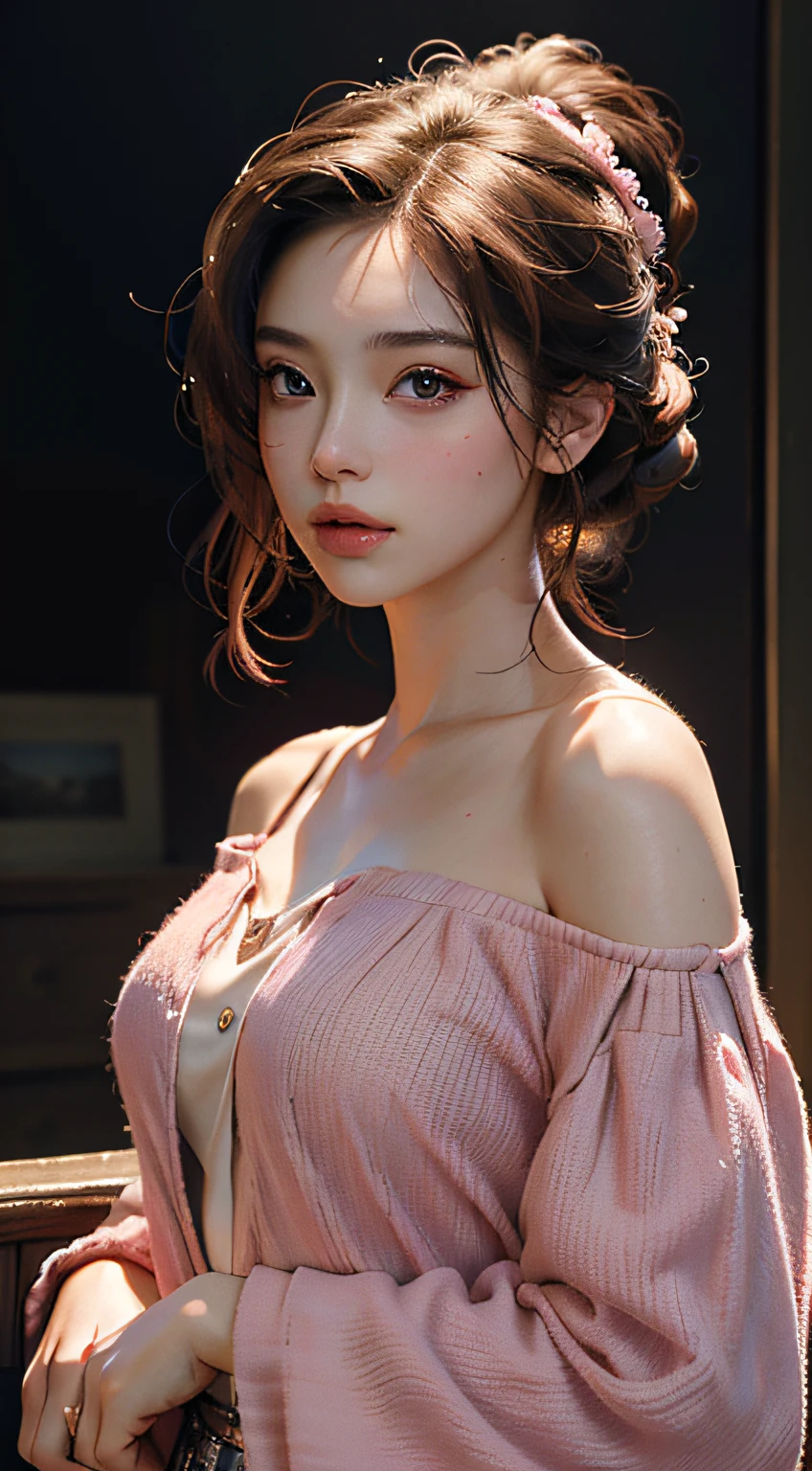 Best Quality, Masterpiece, Ultra High Resolution, (Realisticity: 1.4), Original Photo, 1girl, Pink Off-the-Shoulder, Cinematic Lighting