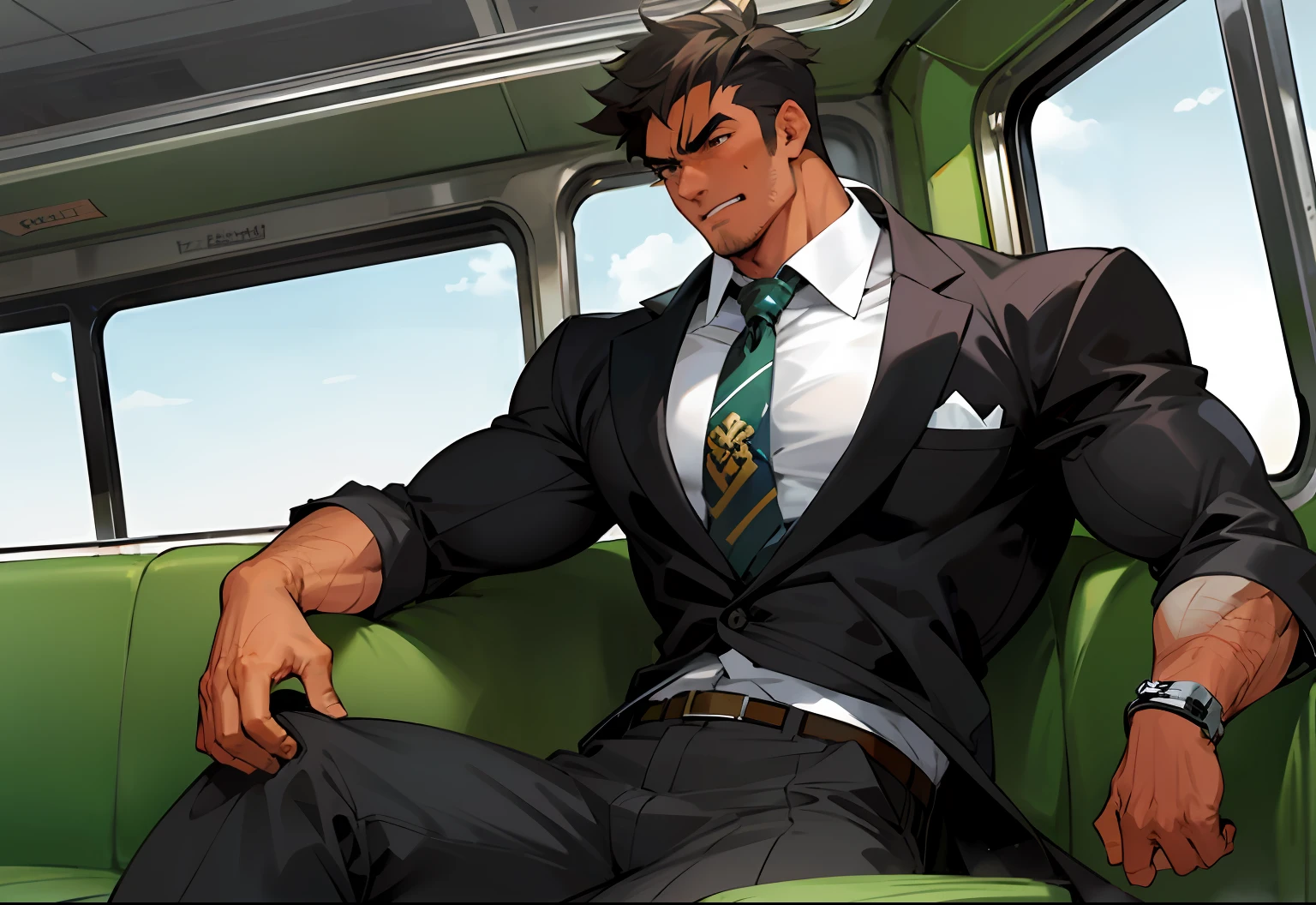 There was a man sitting on a green sofa,With a tie, (sfv) safe to work, gigachad muscular, commission for high resolution, male art, Sitting on the train, Muscular!!, Beef Cake Pose, Muscular!, Handsome anime pose, Anime handsome man, heroic masculine pose, inspired by Fujishima Takeji, SFW version