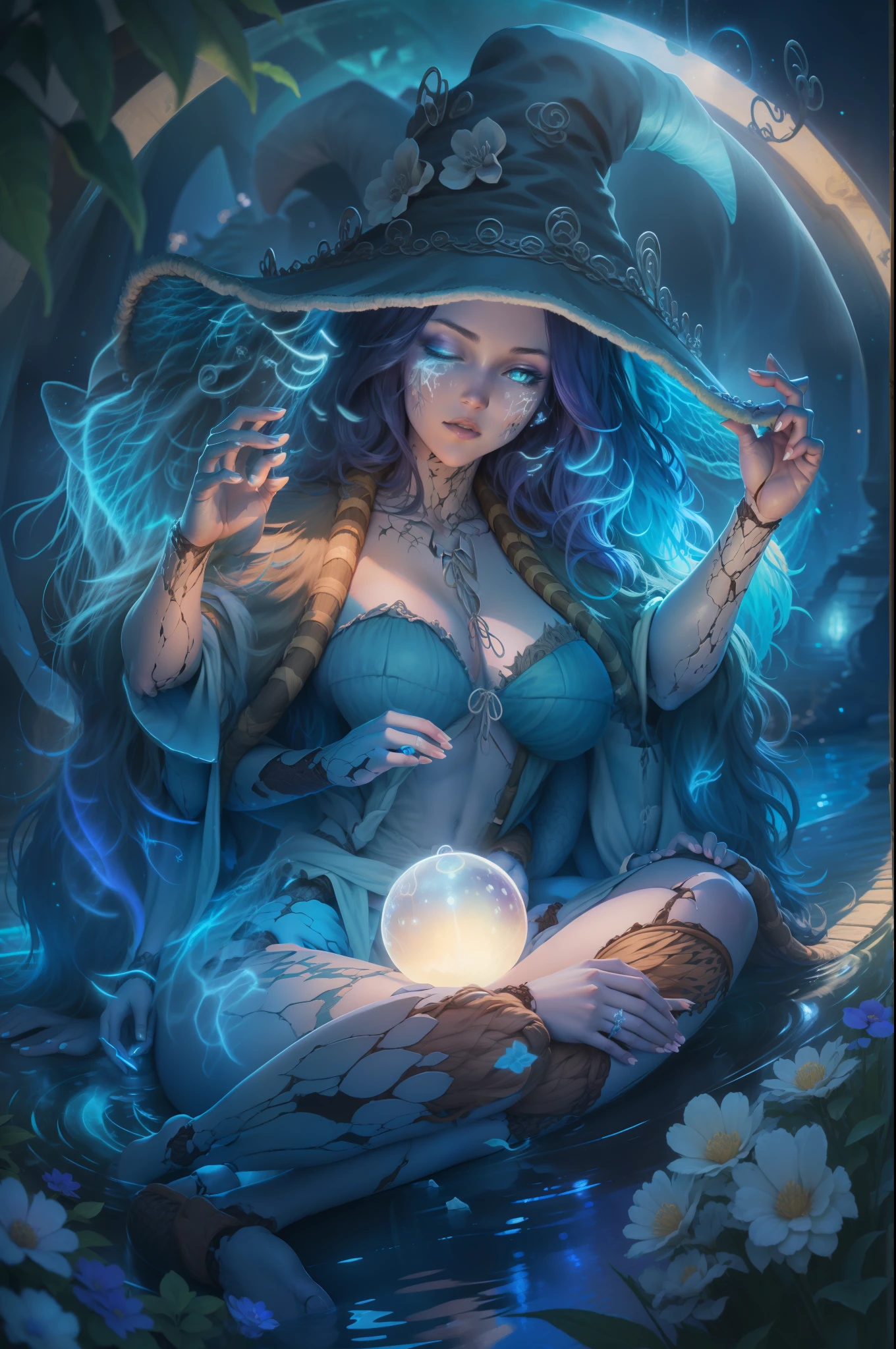 a woman dressed as a witch holding a crystal ball, a digital painting, by Yuumei, alphonse mucha and rossdraws, glowing blue, priestess in a conical hat, cgsociety - w 1 0 2 4 - n 8 - i, seraphine ahri kda, commission for, flower goddess, :: rossdraws, yennefer, big breasts, , sexy , in morning, sunny day,  sitting in a garden with legs inside the waterpool made of nature, surrounded by flowers at night, blue glowing sparkles around her, vibrant colors