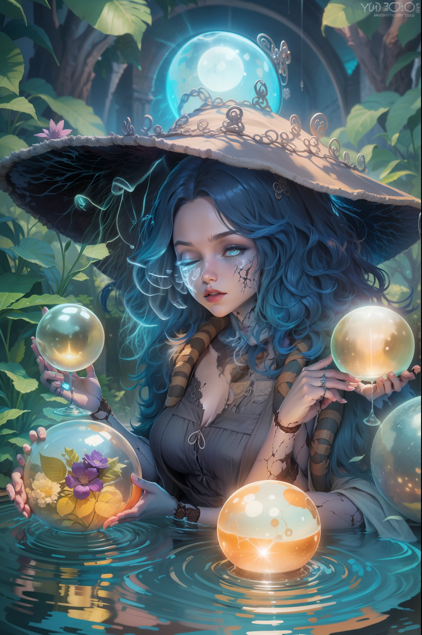 a woman dressed as a witch holding a crystal ball, a digital painting, by Yuumei, alphonse mucha and rossdraws, glowing blue, priestess in a conical hat, cgsociety - w 1 0 2 4 - n 8 - i, seraphine ahri kda, commission for, flower goddess, :: rossdraws, yennefer, big breasts, , sexy , in morning, sunny day, sitting in a garden with legs inside the waterpool made of nature, surrounded by flowers at night, blue glowing sparkles around her, vibrant colors