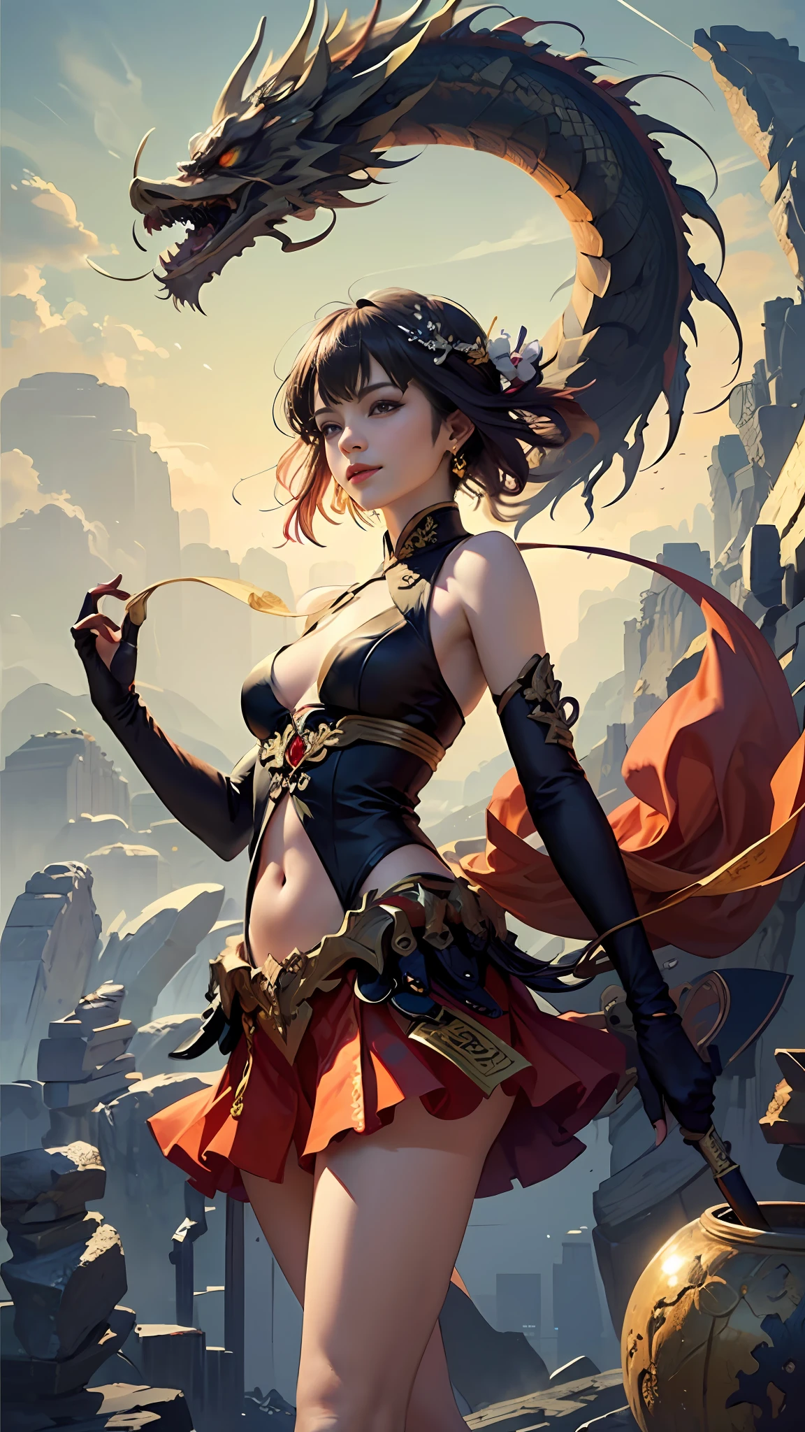 Official Art, Unified 8K Wallpapers, Ultra Detailed, Beautiful and Aesthetic, Masterpiece, Best Quality, (Zentangle, Tangle, Entangle), (fractal art: 1.4), 1girl, black hair, Chinese, bare shoulders, short skirt, calf, navel, very detailed, dynamic angle, cowboyshot, (most beautiful form chaos), flowing, (bright colors), oc, (half: 1.2), china, (thangka flying sky: 1.5), (ribbon: 1.3), (dream: 1.5), (hanfu: 1.5), Chinese dragon, Chinese phoenix, (smile: 0.5), (Chinese deity),