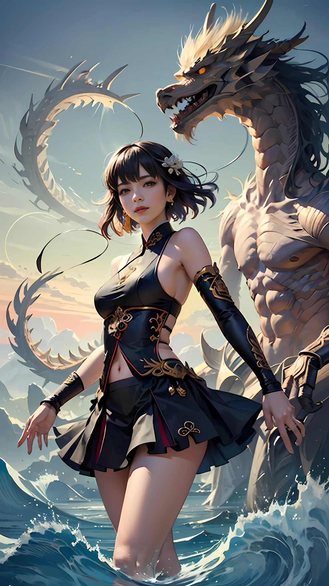 Official Art, Unified 8K Wallpapers, Ultra Detailed, Beautiful and Aesthetic, Masterpiece, Best Quality, (Zentangle, Tangle, Entangle), (fractal art: 1.4), 1girl, black hair, Chinese, bare shoulders, short skirt, calf, navel, very detailed, dynamic angle, cowboyshot, (most beautiful form chaos), flowing, (bright colors), oc, (half: 1.2), china, (thangka flying sky: 1.5), (ribbon: 1.3), (dream: 1.5), (hanfu: 1.5), Chinese dragon, Chinese phoenix, (smile: 0.5), (Chinese deity),