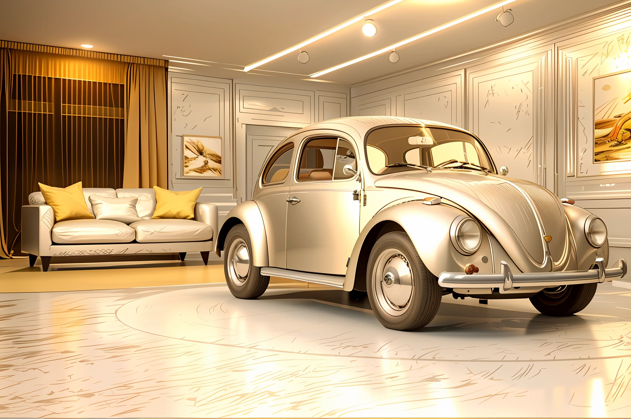 Silver Beetle car,Draw a car in the living room with a sofa, photoreal render, photorealistic illustration, sports car in the room, Photorealistic art style, hyper detailed line art, beetle-inspired, Photorealistic rendering, Photorealistic style, lineart behance hd, coloring page, arte renderizada, etching render, hyperrealistic sketch, high detail 3 d render