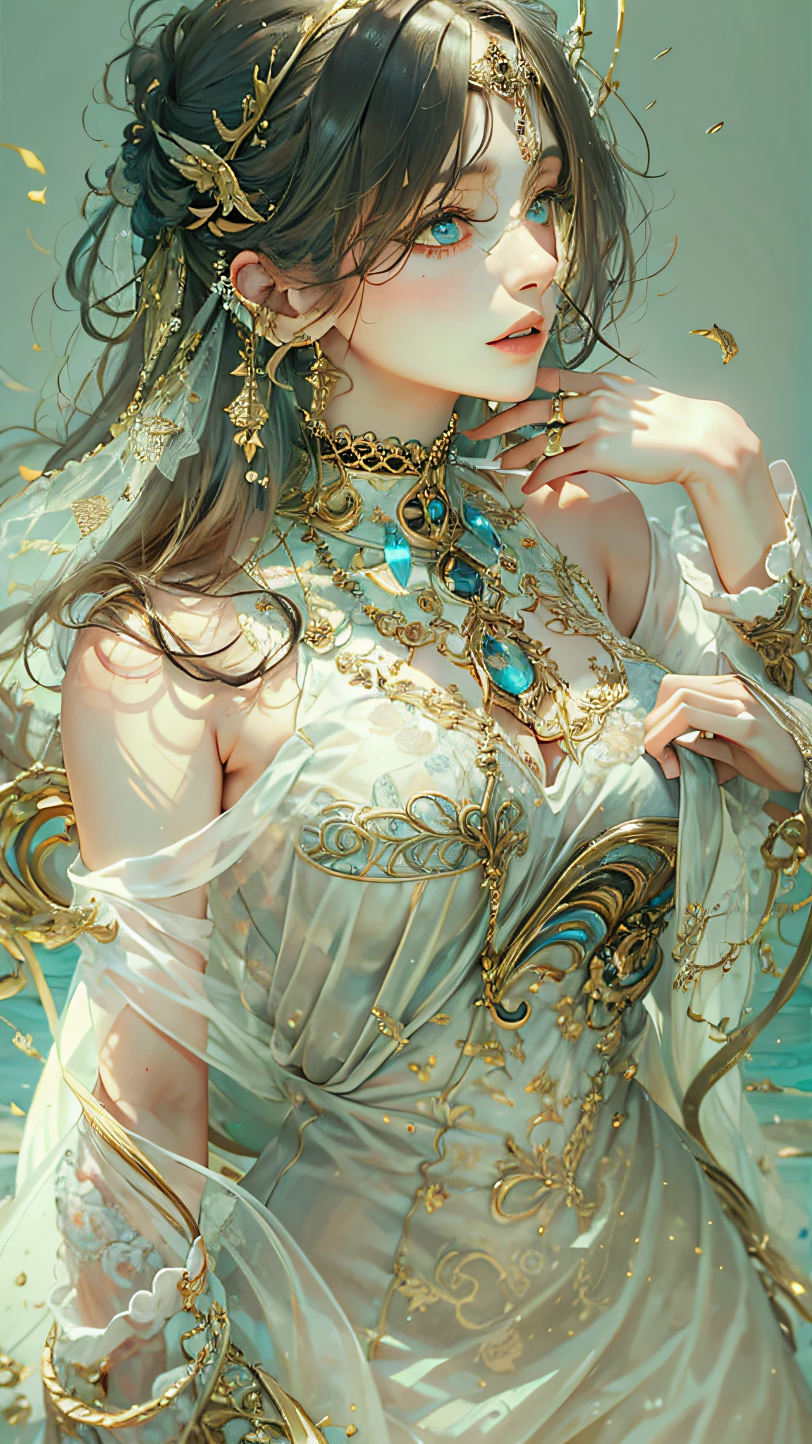 (best qualtiy), ((tmasterpiece)), 1个Giant Breast Girl,(独奏),half-body portrait, Delicate face, looking at viewert, Firm eyes, exposed bare shoulders,Exquisitehands, Um ser celestial, light particules, The halo,the ocean, Full of energy, Colorful colors, (Bio-luminescence),(Detailed composition), 电影灯光