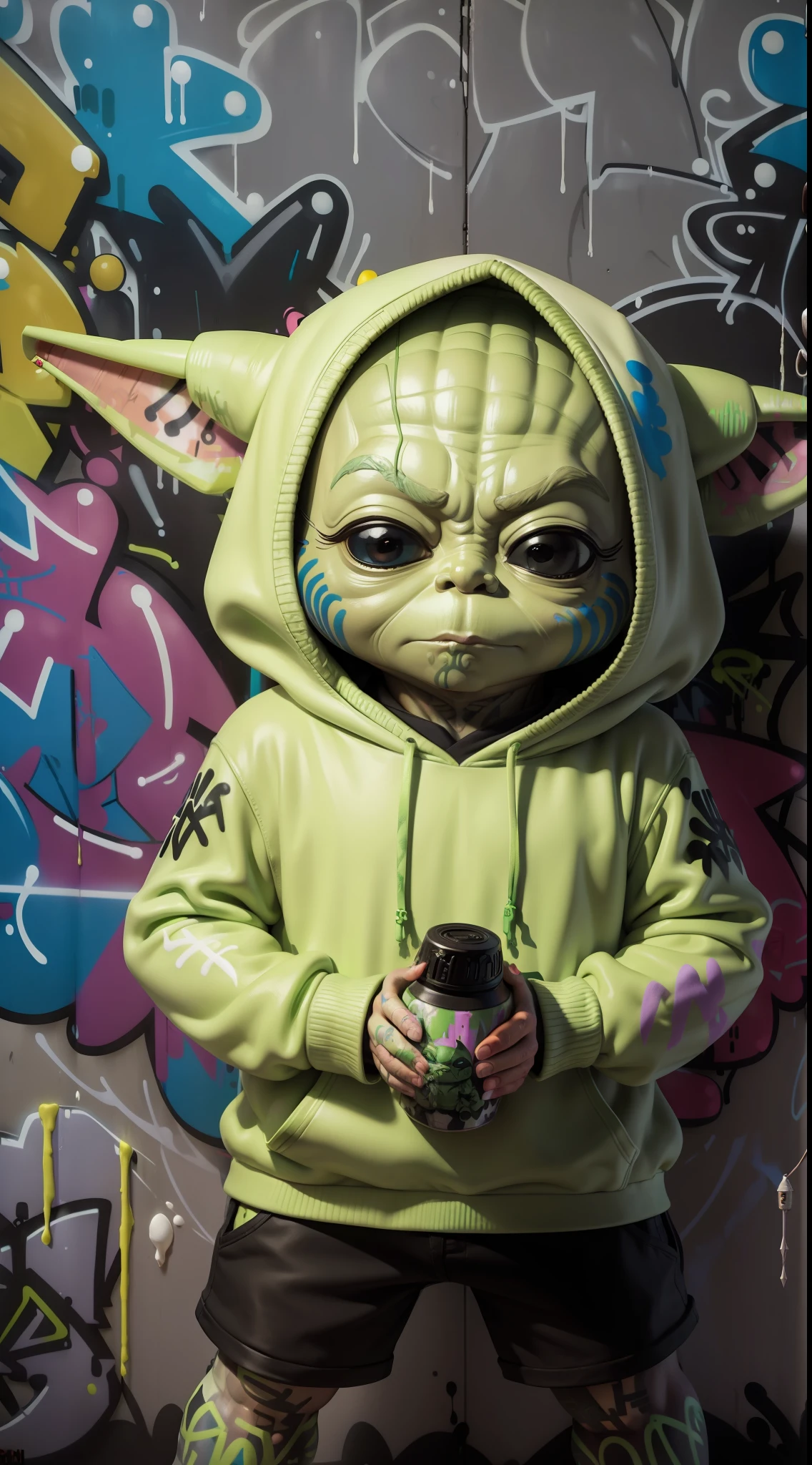 8k, yoda figurine, (funko style), wearing a hoodie, gangster style, wall, (graffiti:1.6), paint splatter