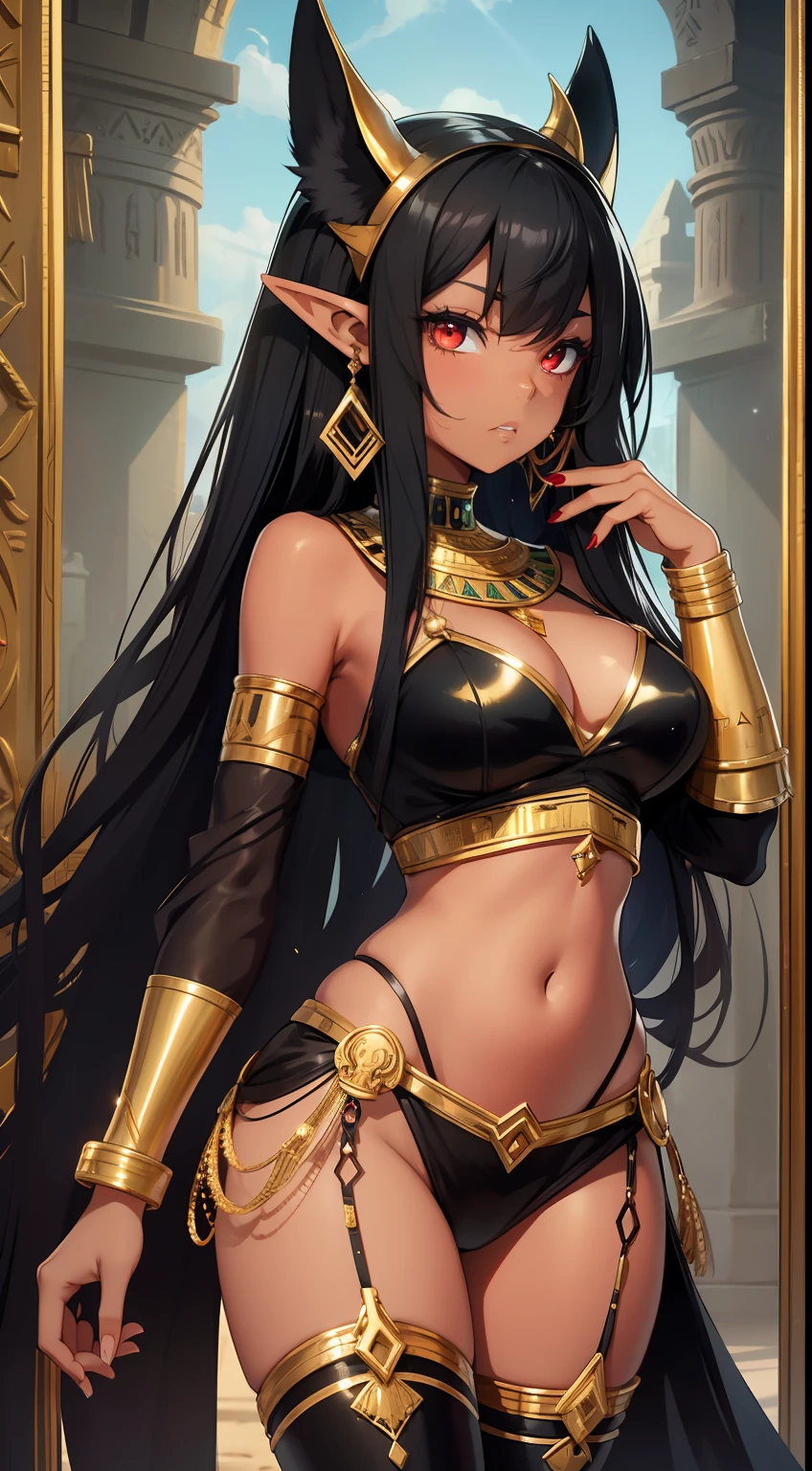 Young black girl, black skin, Long black hair, elf ears, red-eyes, Egyptian Princess, golden jewelery, anger, Masterpiece, hiquality