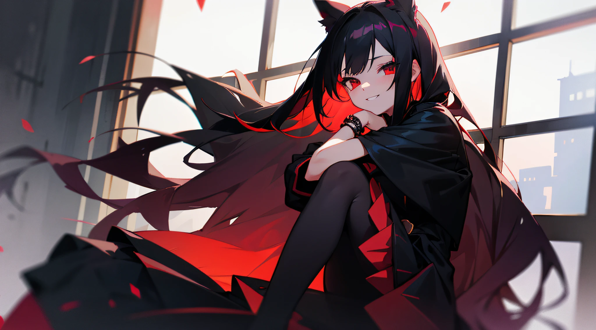 1girl, long hair, red bow, black skirt, red eyes, black pantyhose, looking at viewer, bracelet, gradient hair, evil smile, sitting, solo, window, coat, black coat, black hair