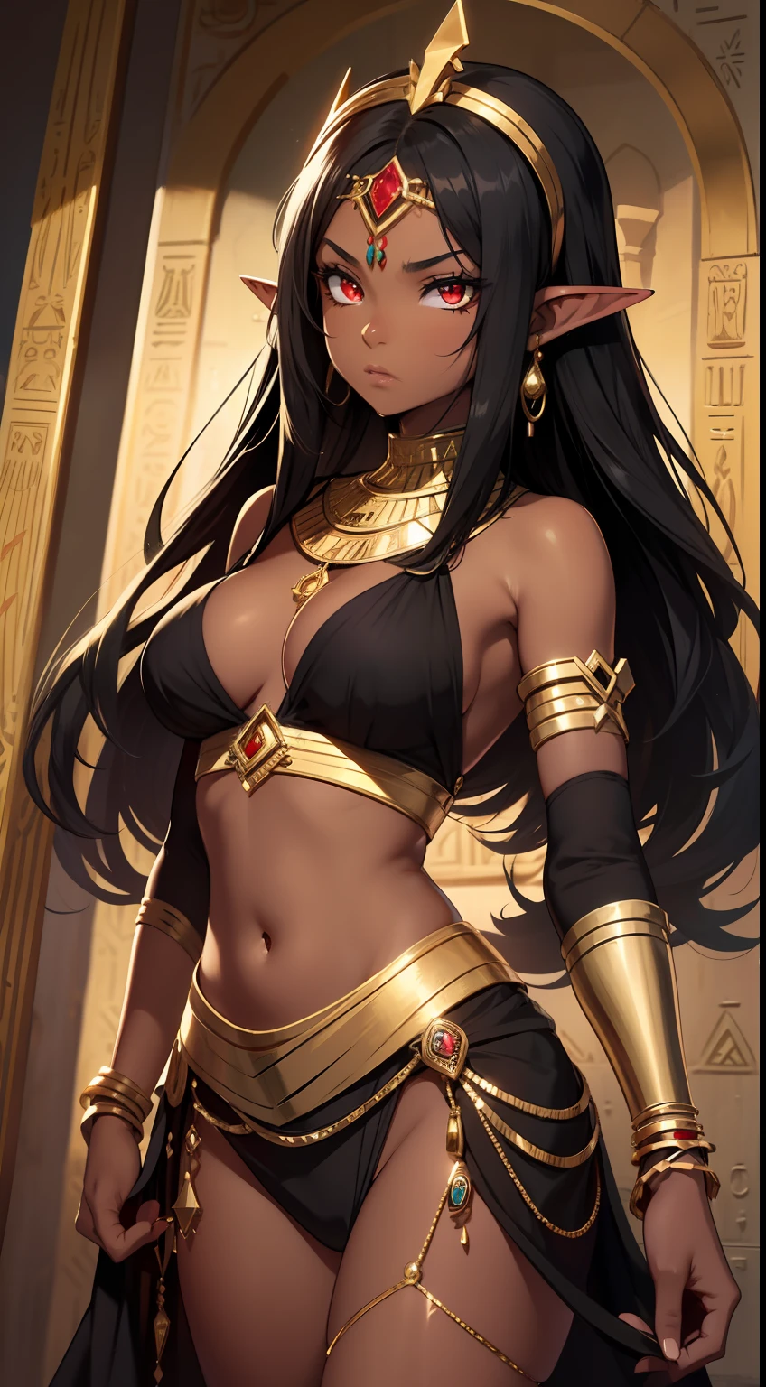 Young black girl, black skin, Long black hair, elf ears, red-eyes, Egyptian Princess, golden jewelery, anger, Masterpiece, hiquality