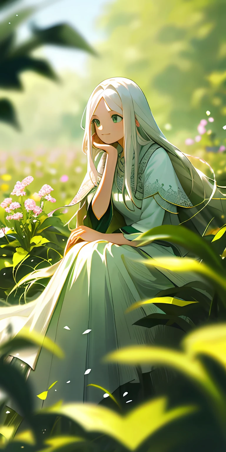 (masterpiece, best quality),1girl with long white hair sitting in a field of green plants and flowers, her hand under her chin, warm lighting, white dress, blurry foreground