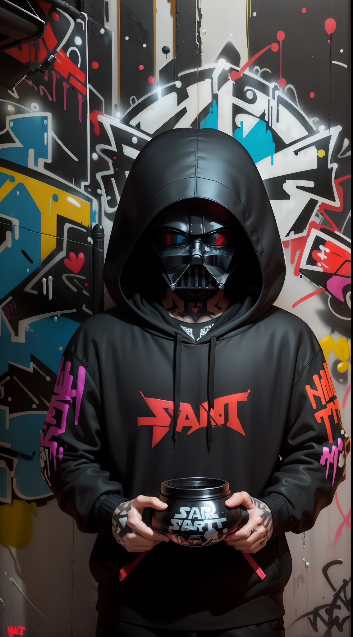 8k, darth vader, (funko style), wearing a hoodie, gangster style, wall, (graffiti:1.6), paint splatter