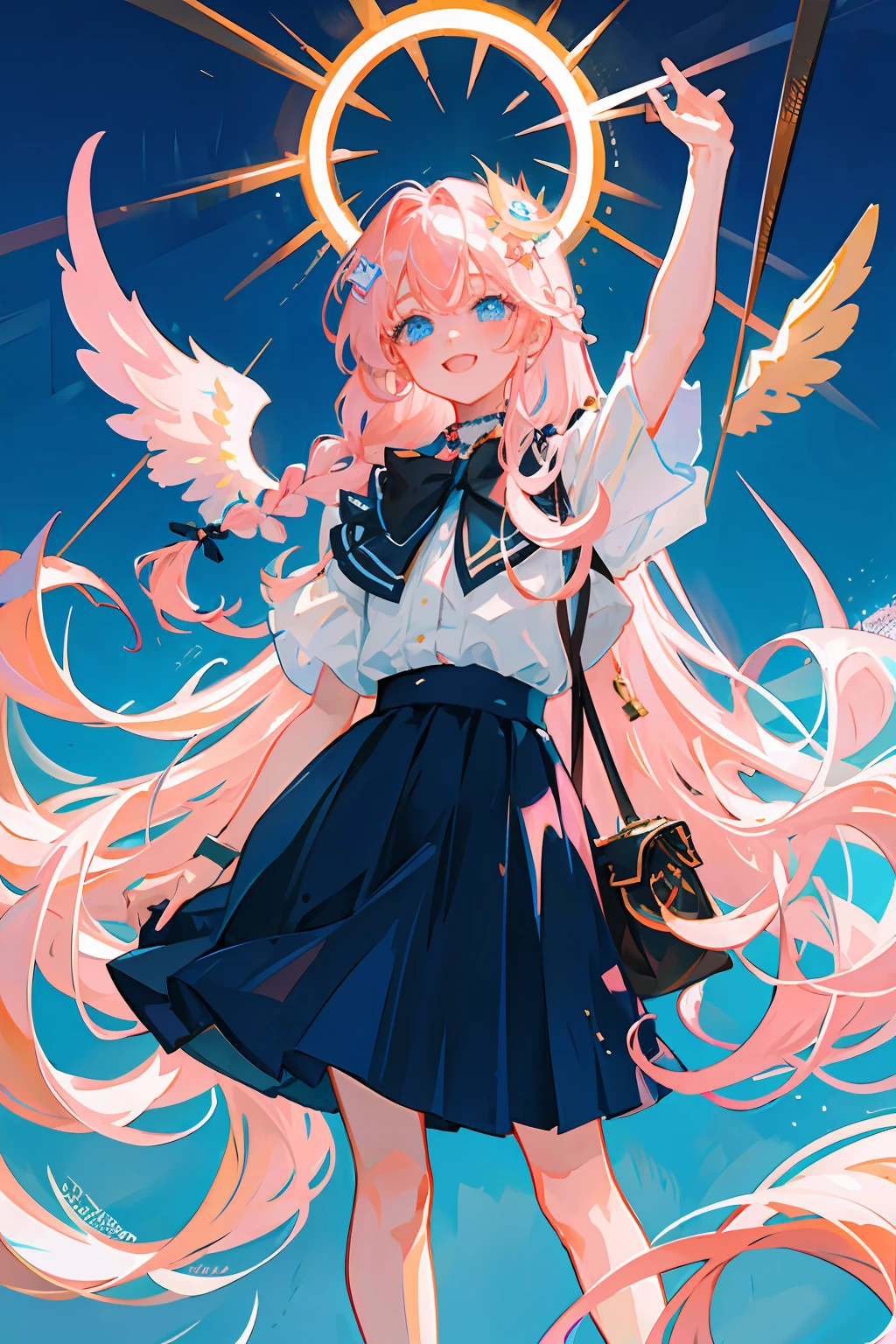{{best quality}}, {{masterpiece}}, {{super detailed}}, {illustrated}, {detailed lighting}, long pink hair, blue eyes, double braids, ta, skirt hanging, awesome, lolilo, angel girl, sly smile