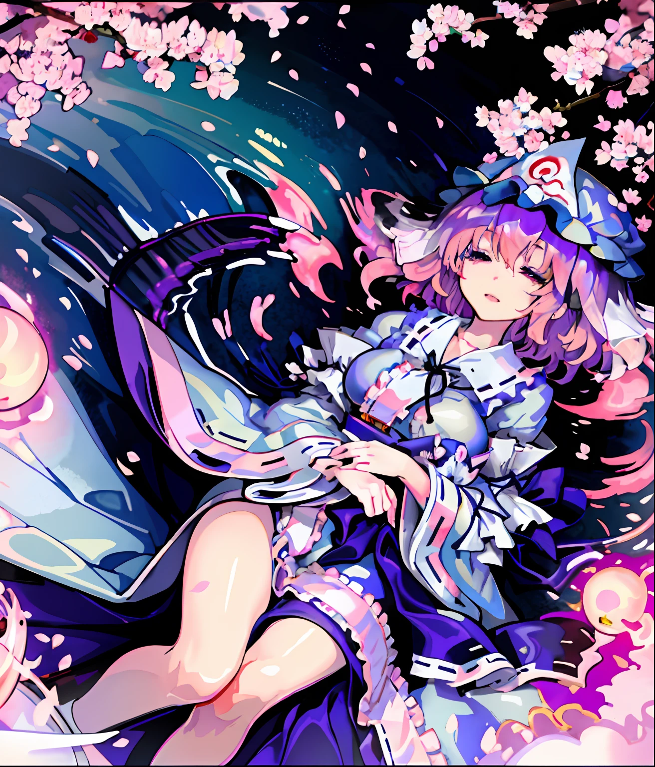 coffin、Illustration of Yuyuko Saigyoji in a coffin, masutepiece, Fine detail, 4K, 8K, 12K, Solo, One Person, Beautiful Girl, caucasian female, Yuyuko Saigyouji, Eyes closed, Cherry blossom petals on the floor, Purple cherry blossom