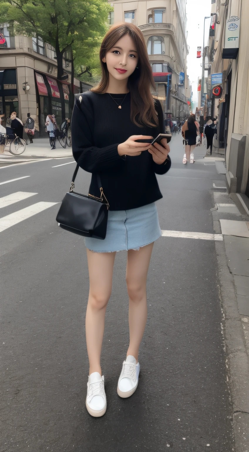 Beautiful woman, fiddling with cell phone in the middle of the street, short clothes