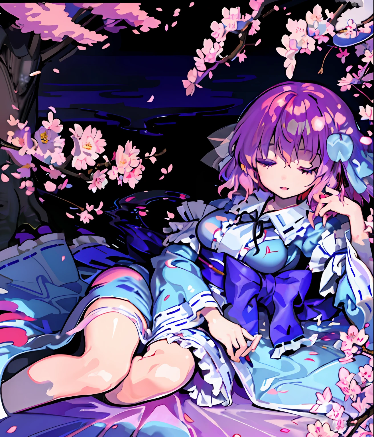 coffin、Illustration of Yuyuko Saigyoji in a coffin, masutepiece, Fine detail, 4K, 8K, 12K, Solo, One Person, Beautiful Girl, caucasian female, Yuyuko Saigyouji, Eyes closed, Cherry blossom petals on the floor, Purple cherry blossom