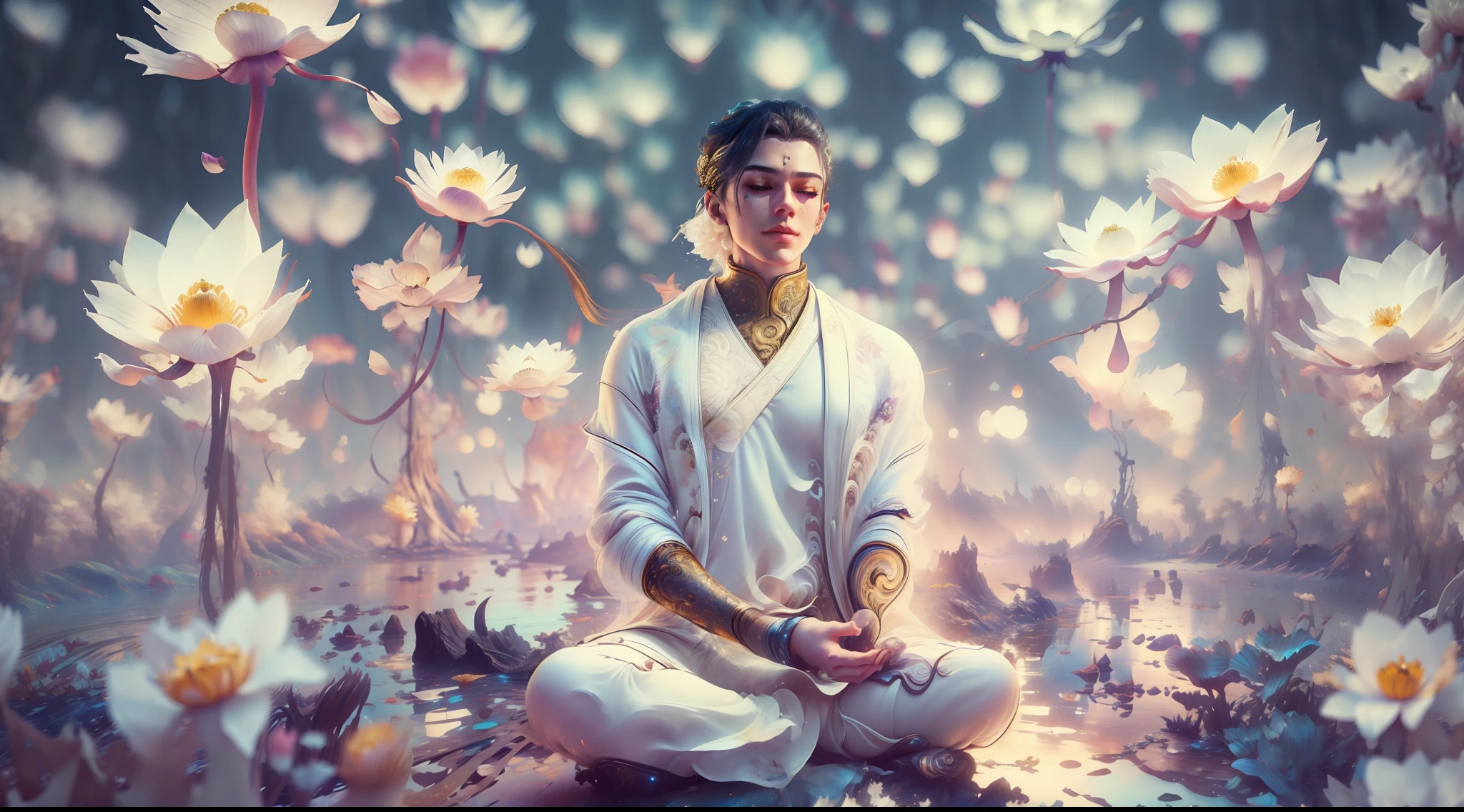 Handsome guy in a white shirt，White giant lotus flower，Sit and meditate in a lotus pose，Look at the audience with your eyes closed，raised head，Floating on the ground，cheerfulness，A slight smil，realisticlying，Bokeh，light particules，very highly detailed background，detailed face with，Detailed and complex busy background，Untidy，opulent，milkyW，Highly detailed hands，Realistic details of skin，Visible Pore，tack sharp focus，volume fog，8K  UHD，digital SLR camera，high qulity，filmgrain，White skin of the，photo-realism，lomo graphy，Huge metropolis in a dystopia of the future , look from down