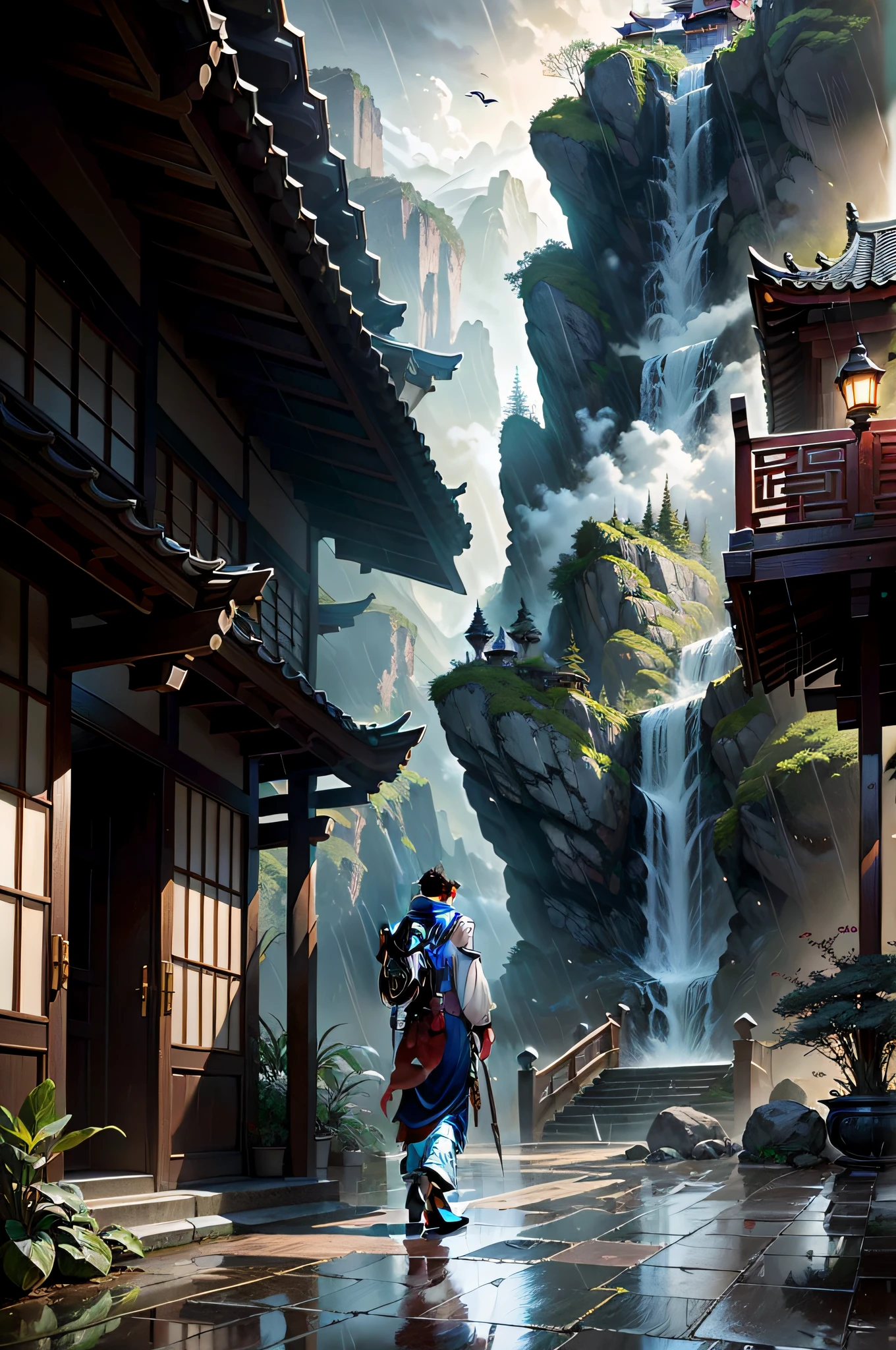 Arafard's image，A man stands on a staircase in the rain, by Yang J, ross tran. scenery background, inspired by Sōami, emotional concept art, Guviz-style artwork, author：Qu Leilei, by Bayard Wu, author：Huang Shen, anime atmospheric,