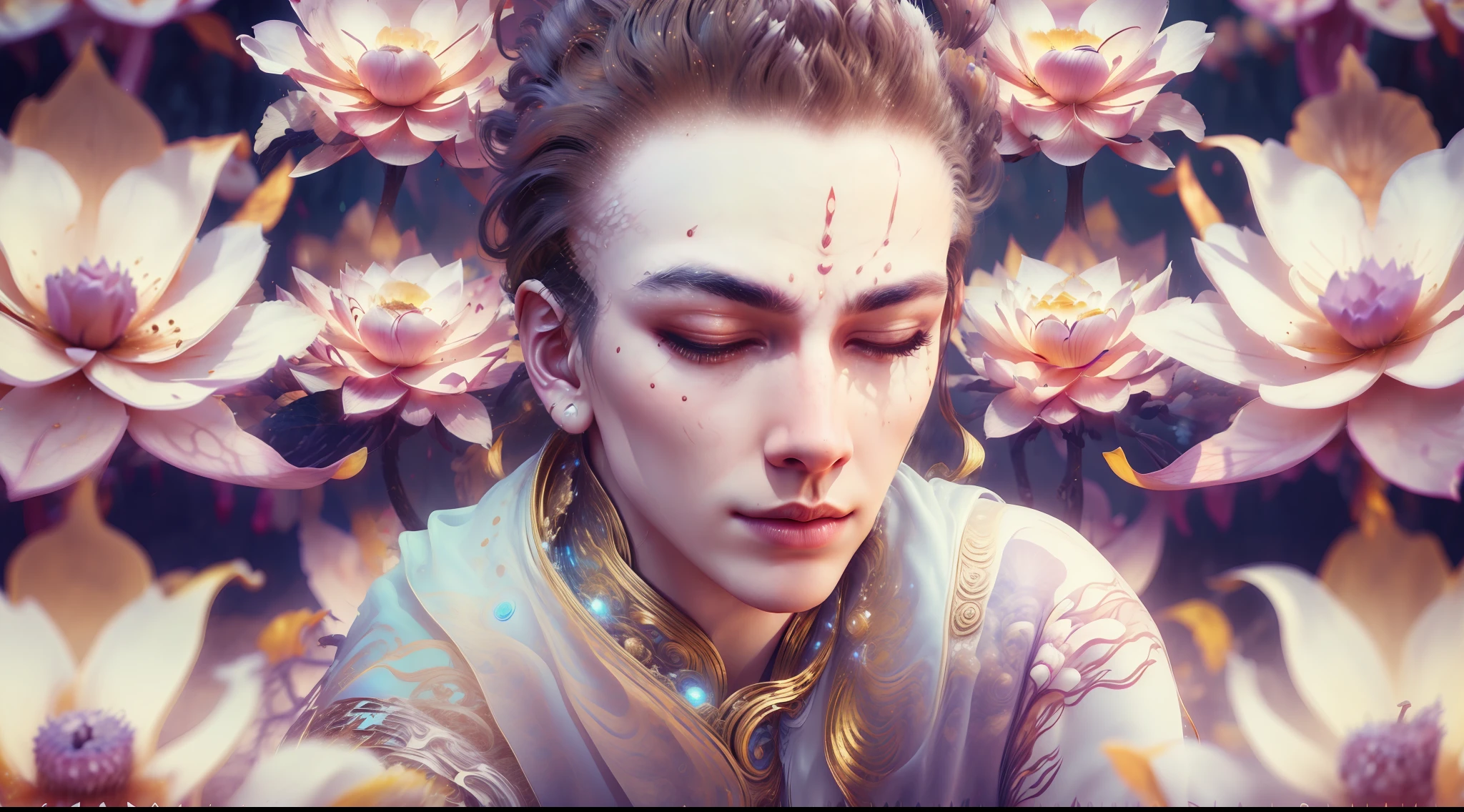 Handsome guy in a white shirt，White giant lotus flower，Sit and meditate in a lotus pose，Look at the audience with your eyes closed，raised head，Floating on the ground，cheerfulness，A slight smil，realisticlying，Bokeh，light particules，very highly detailed background，detailed face with，Detailed and complex busy background，Untidy，opulent，milkyW，Highly detailed hands，Realistic details of skin，Visible Pore，tack sharp focus，volume fog，8K  UHD，digital SLR camera，high qulity，filmgrain，White skin of the，photo-realism，lomo graphy，Huge metropolis in a dystopia of the future , look from down