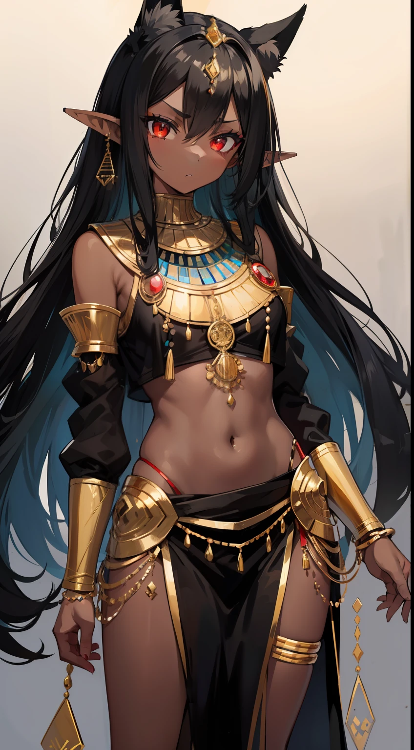 Young black girl, black skin, Long black hair, elf ears, red-eyes, Egyptian Princess, golden jewelery, anger, Masterpiece, hiquality
