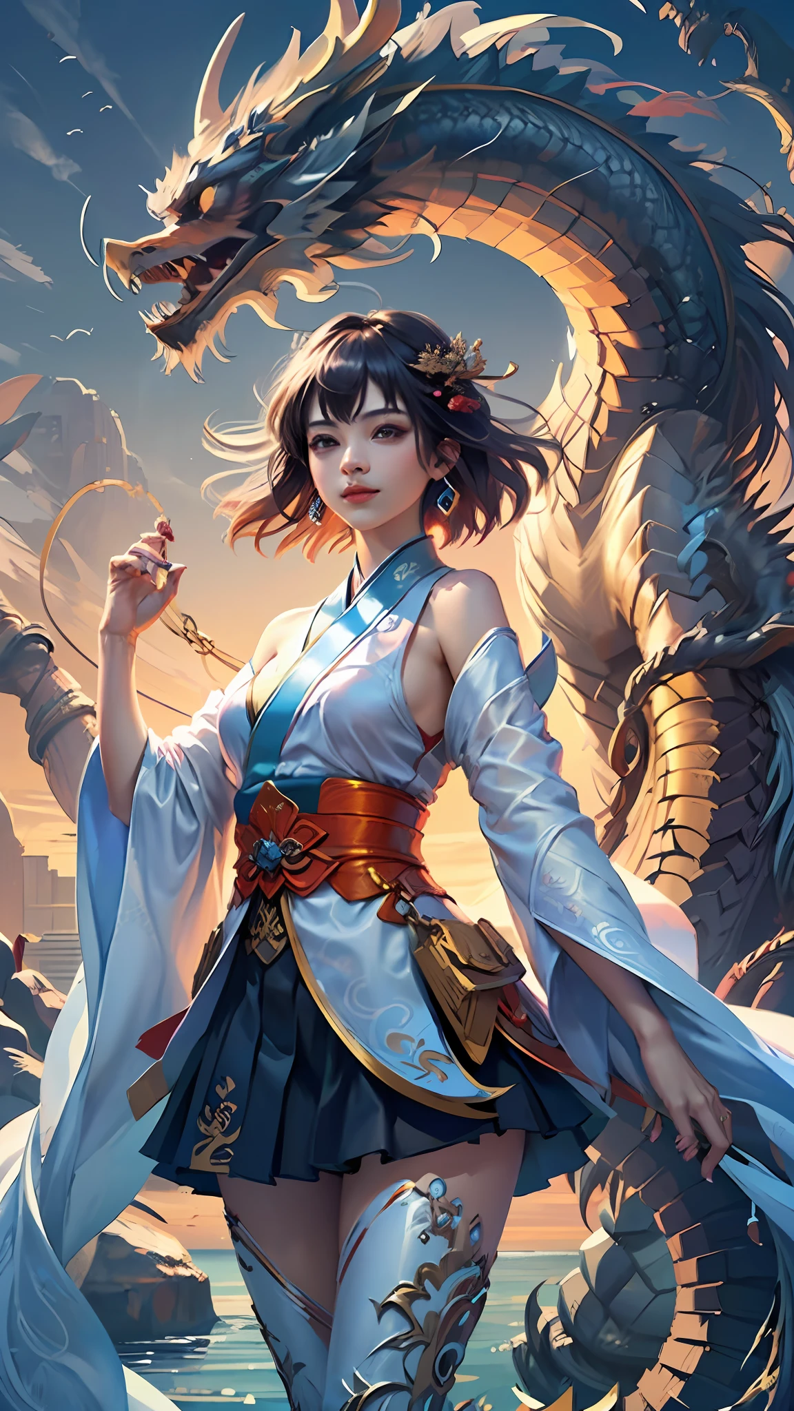 Official Art, Unified 8K Wallpapers, Ultra Detailed, Beautiful and Aesthetic, Masterpiece, Best Quality, (Zentangle, Tangle, Entangle), (fractal art: 1.4), 1girl, black hair, Chinese, bare shoulders, short skirt, calf, navel, very detailed, dynamic angle, cowboyshot, (most beautiful form chaos), flowing, (bright colors), oc, (half: 1.2), china, (thangka flying sky: 1.5), (ribbon: 1.3), (dream: 1.5), (hanfu: 1.5), Chinese dragon, Chinese phoenix, (smile: 0.5), (Chinese deity),